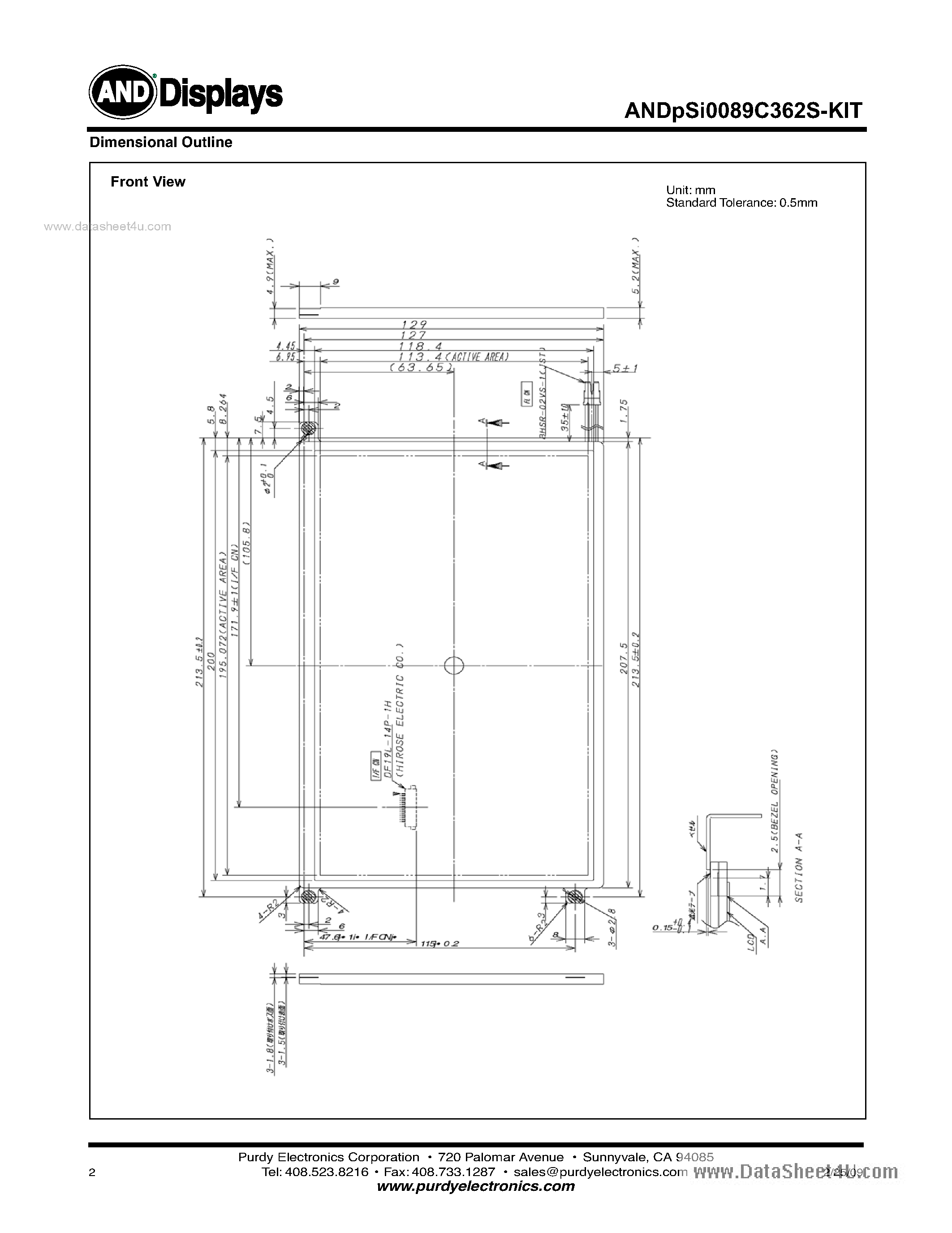 Datasheet ANDPSI089C362S-KIT - WSVGA Color p-Si TFT LCD Module page 2