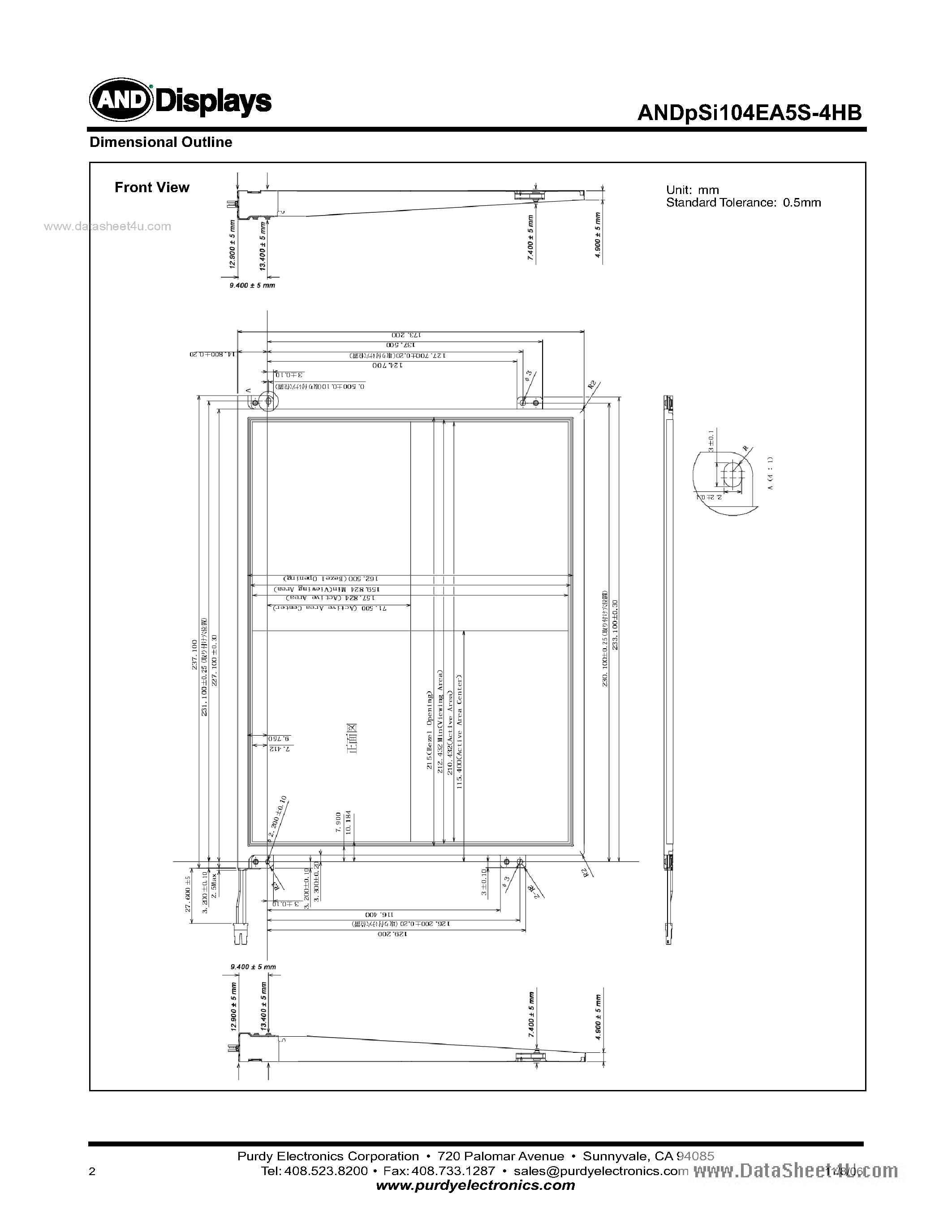 Datasheet ANDPSI104EA5S-4HB-KIT - XGA Color p-Si TFT LCD Module page 2