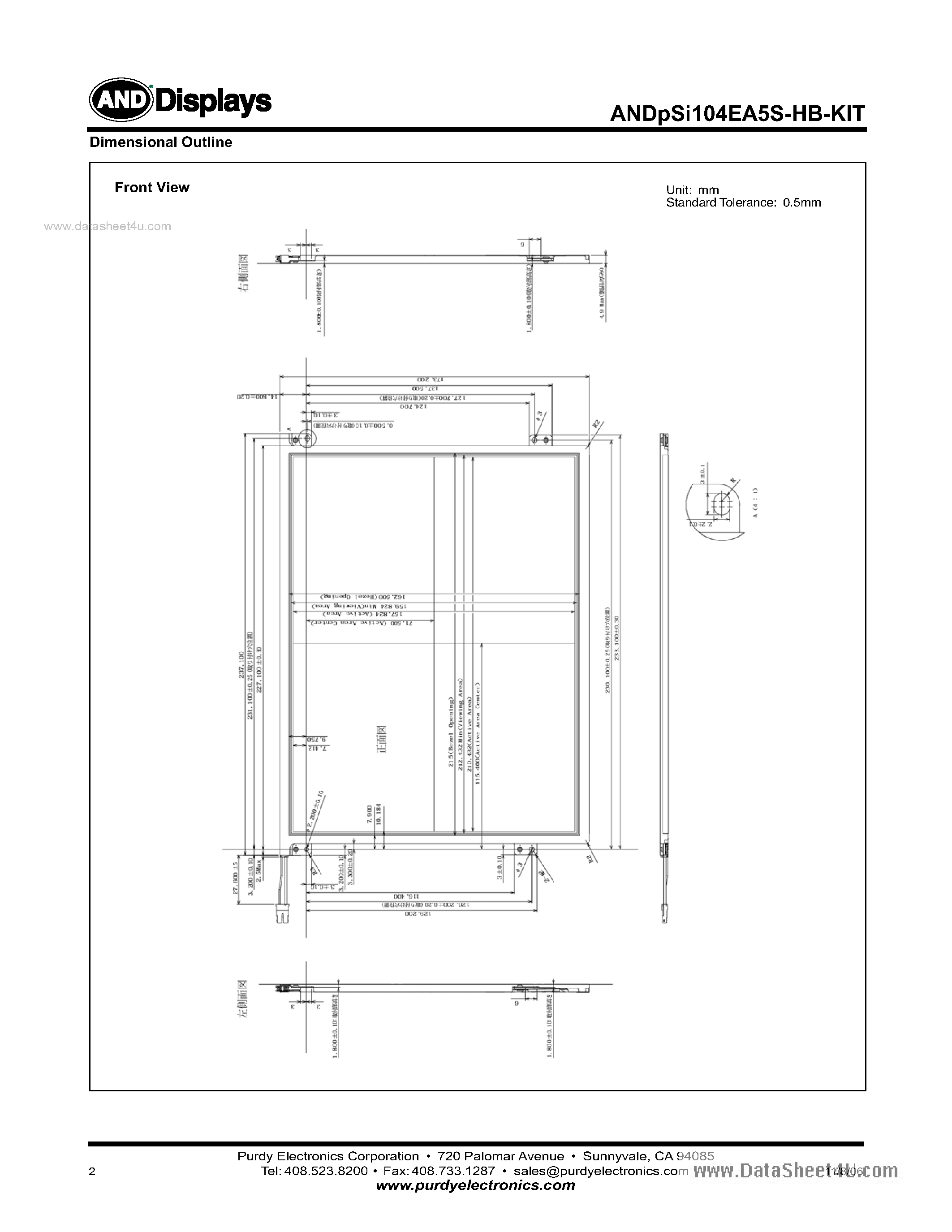 Datasheet ANDPSI104EA5S-HB-KIT - XGA Color p-Si TFT LCD Module page 2