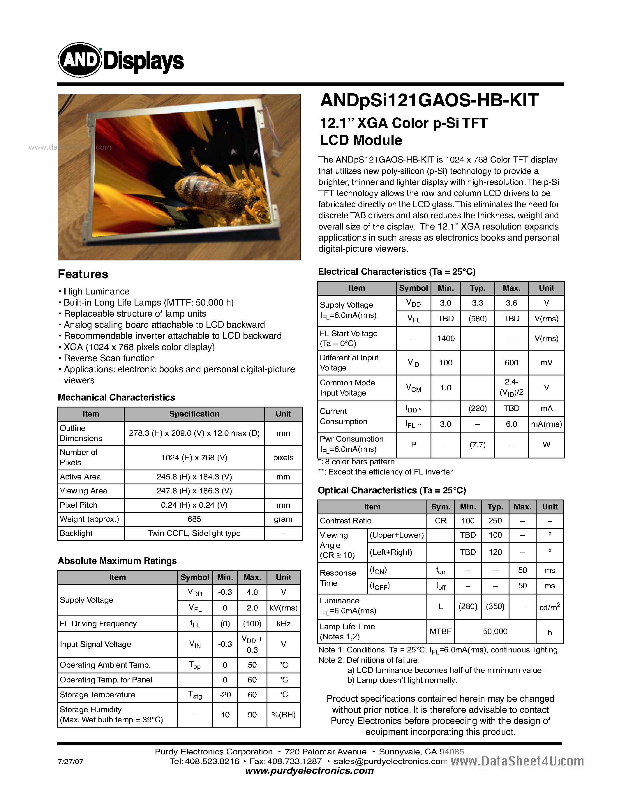 Datasheet ANDPSI121GAOS-HB-KIT - XGA Color p-Si TFT LCD Module page 1