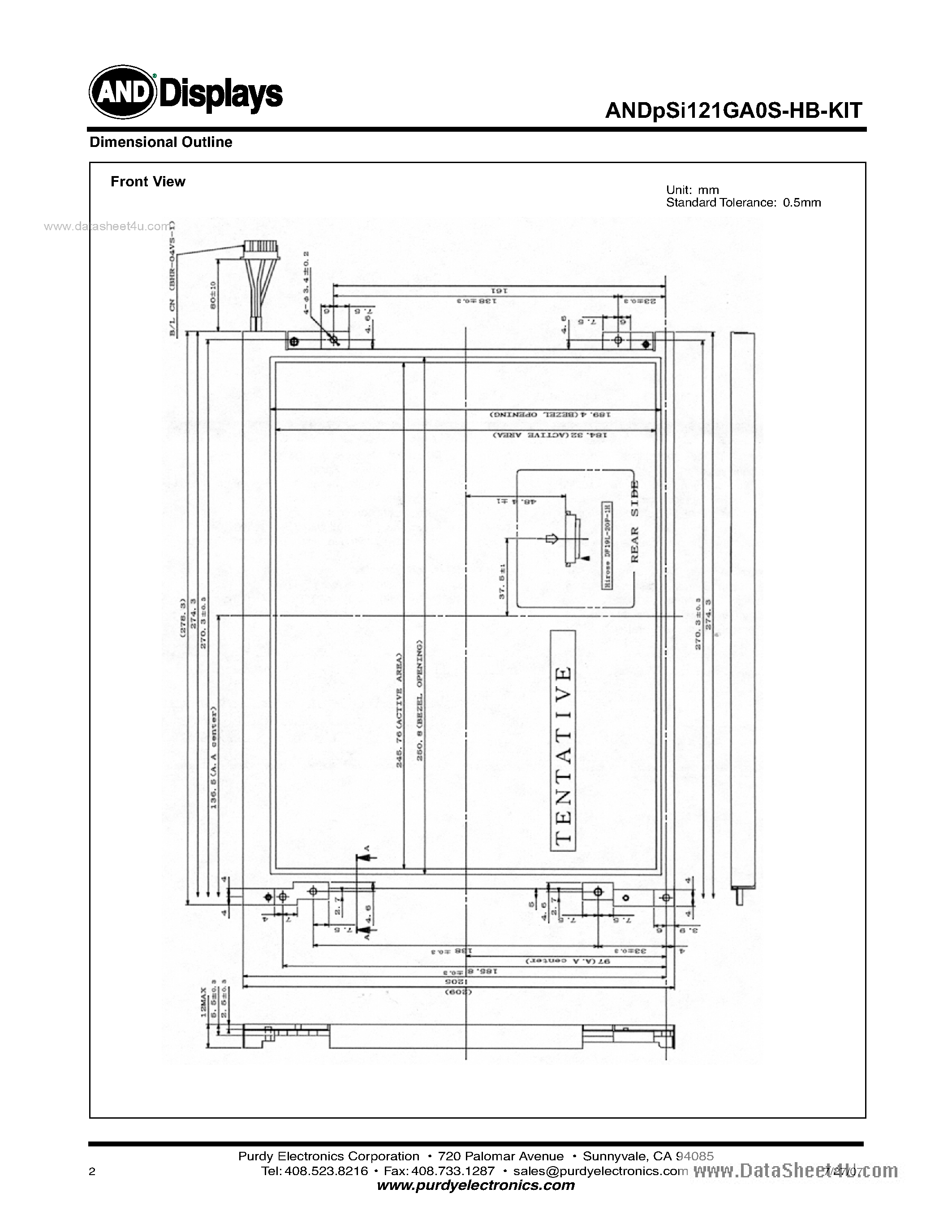 Datasheet ANDPSI121GAOS-HB-KIT - XGA Color p-Si TFT LCD Module page 2