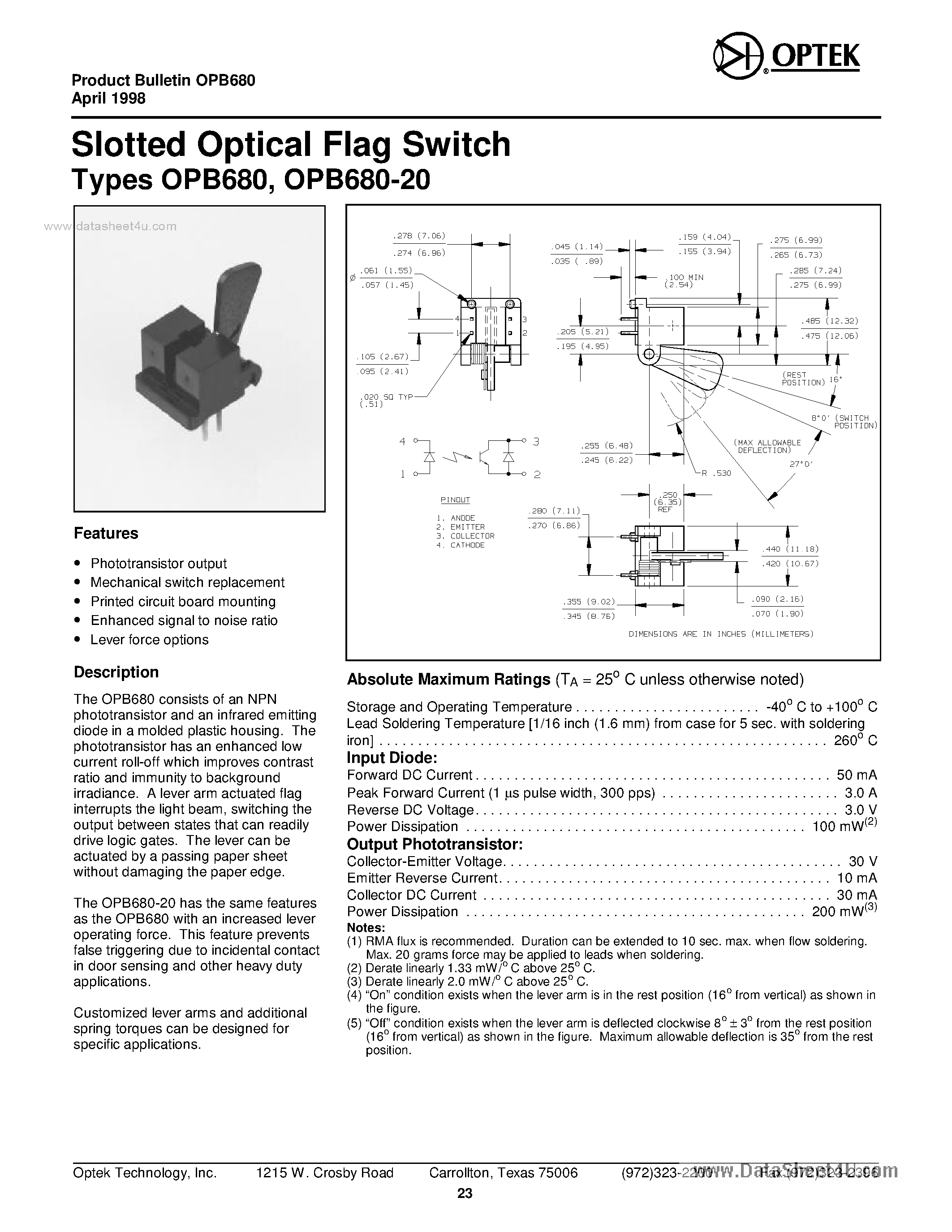 Datasheet OPB680 page 1 Datasheet OPB680 - Slotted Optical Flag Switch Types page 1