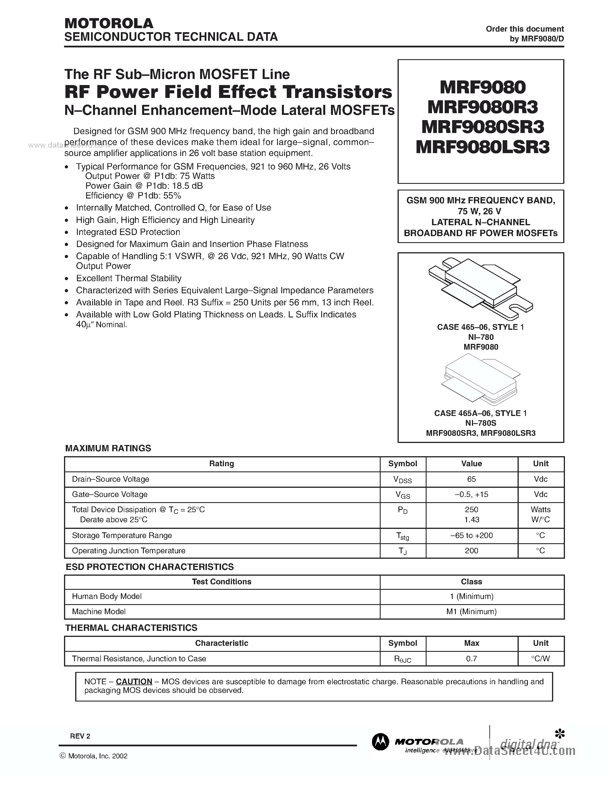 Datasheet MRF9080 - RF POWER FIELD EFFECT TRANSISTORS page 1