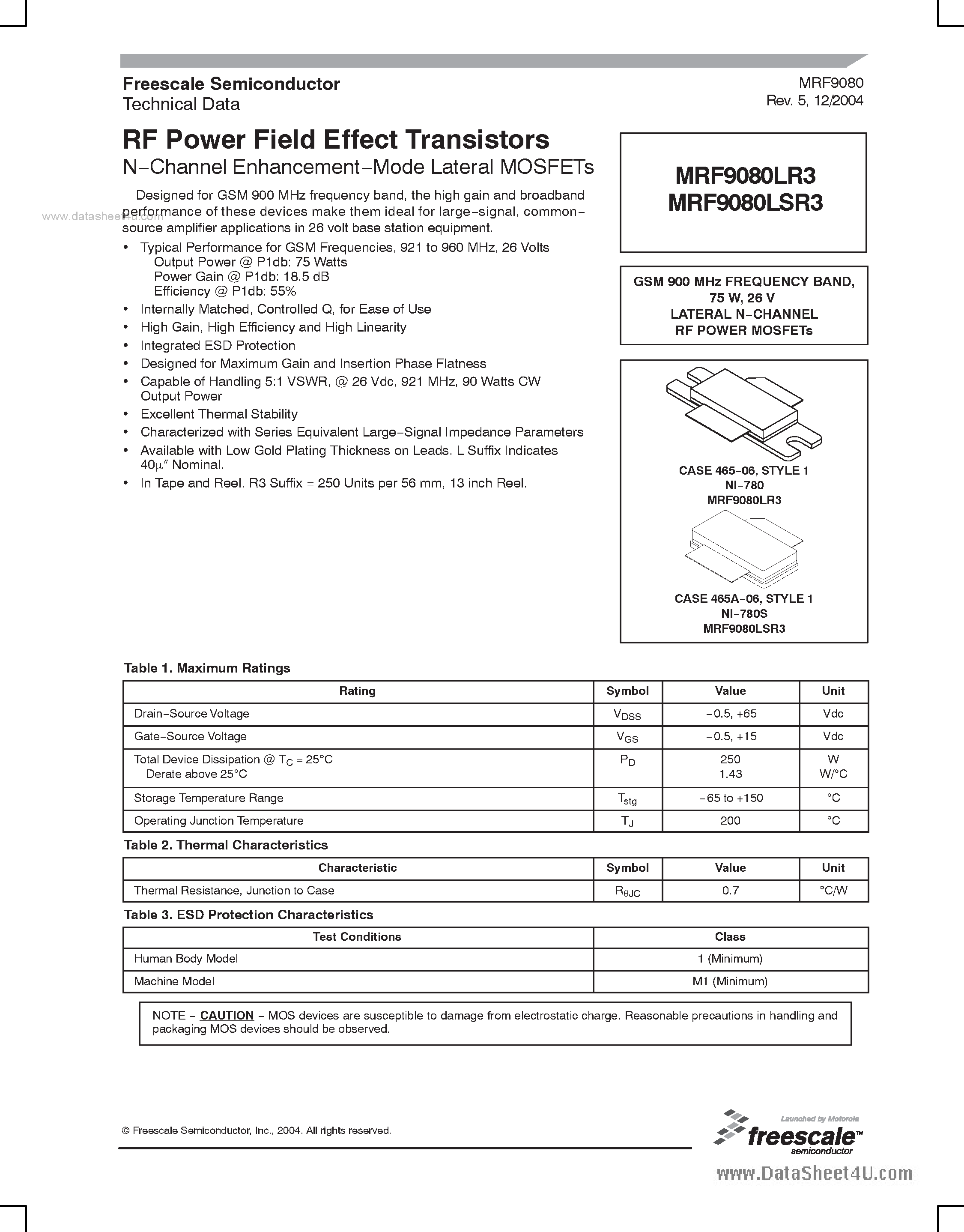 Datasheet MRF9080LR3 - RF Power Field Effect Transistors page 1