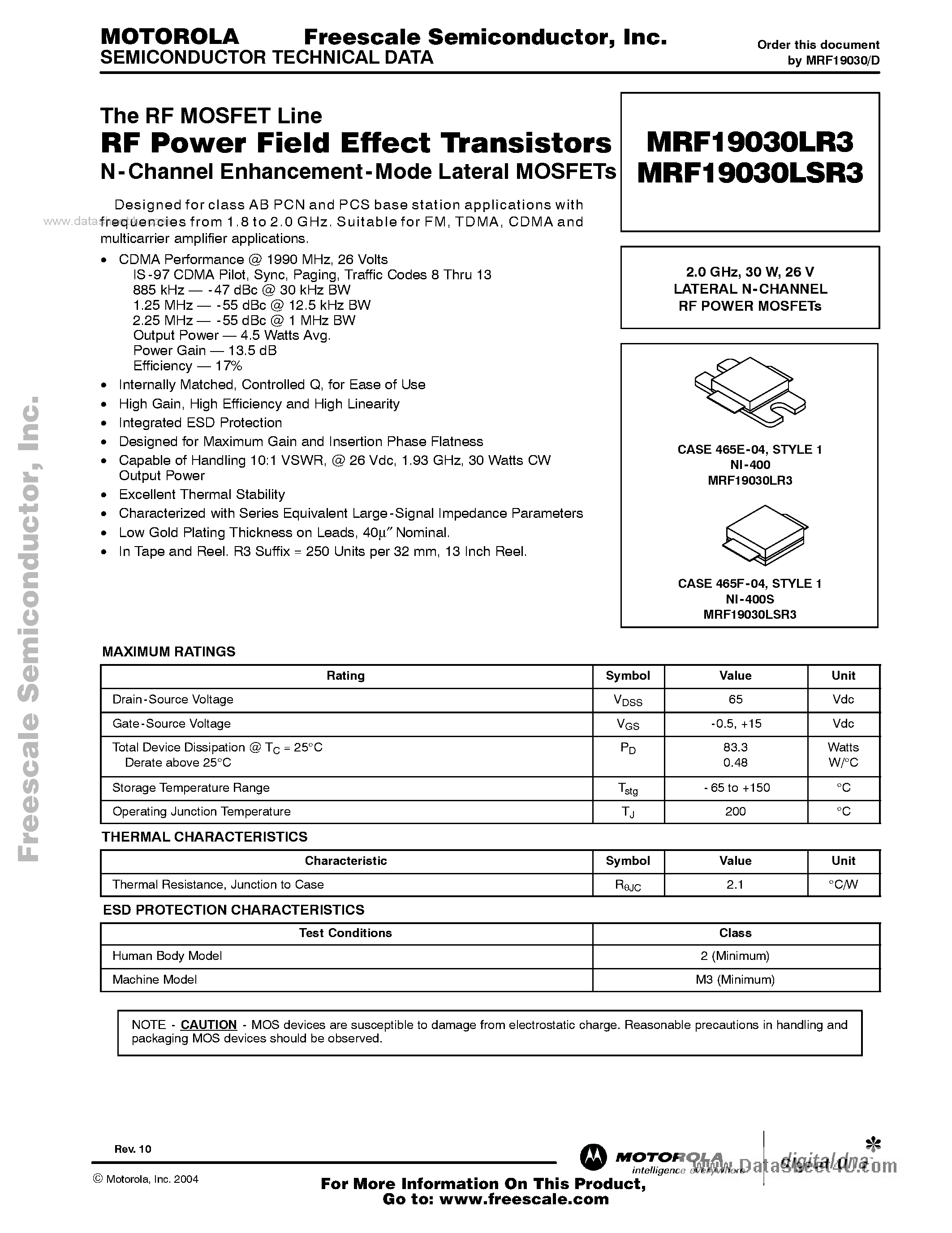 Datasheet MRF19030LR3 - The RF MOSFET Line RF Power Field Effect Transistors N-Channel Enhancement-Mode Lateral MOSFETs page 1