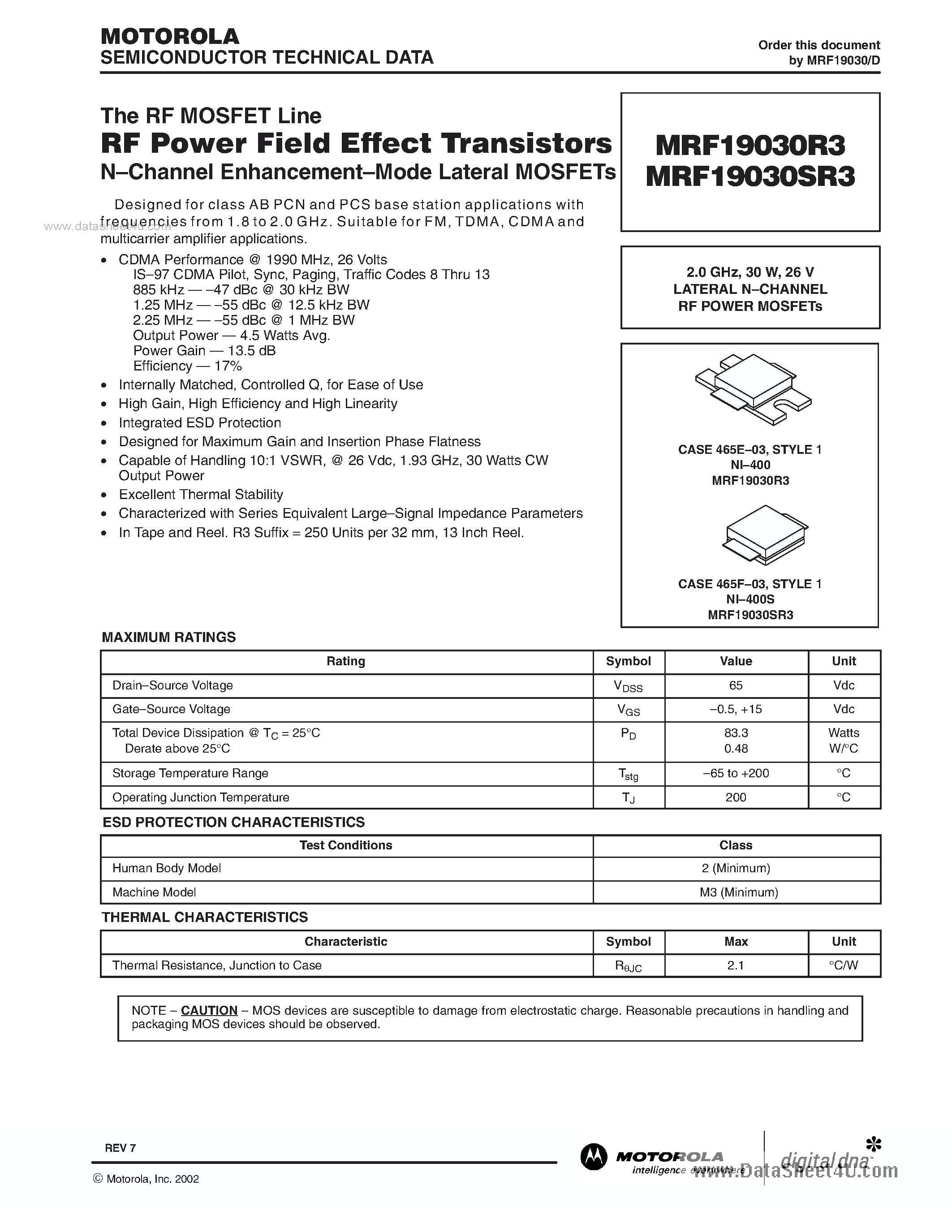 Datasheet MRF19030R3 page 1 Datasheet MRF19030R3 - RF POWER FIELD EFFECT TRANSISTORS page 1