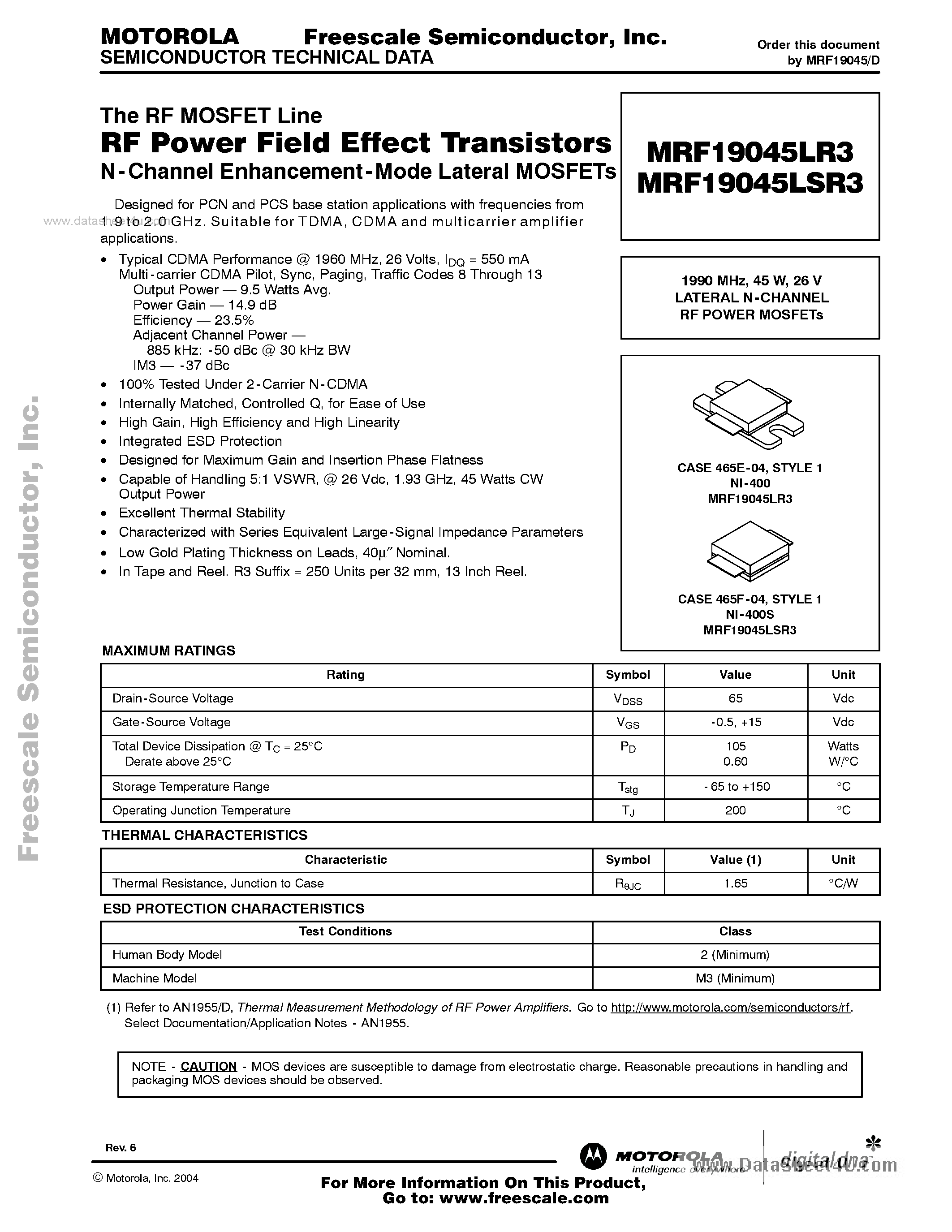 Datasheet MRF19045LR3 - RF Power Field Effect Transistors N-Channel Enhancement-Mode Lateral MOSFETs page 1
