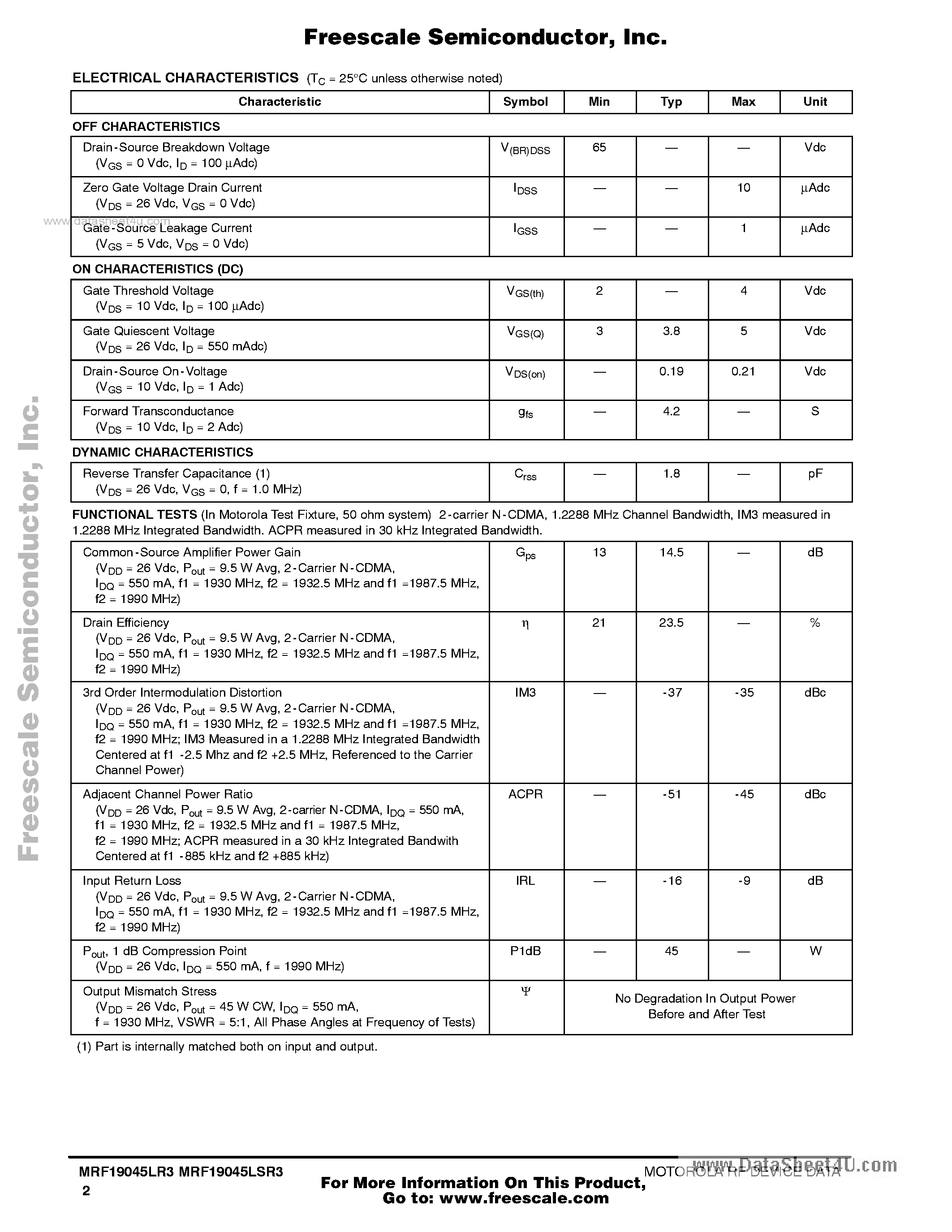 Datasheet MRF19045LR3 - RF Power Field Effect Transistors N-Channel Enhancement-Mode Lateral MOSFETs page 2