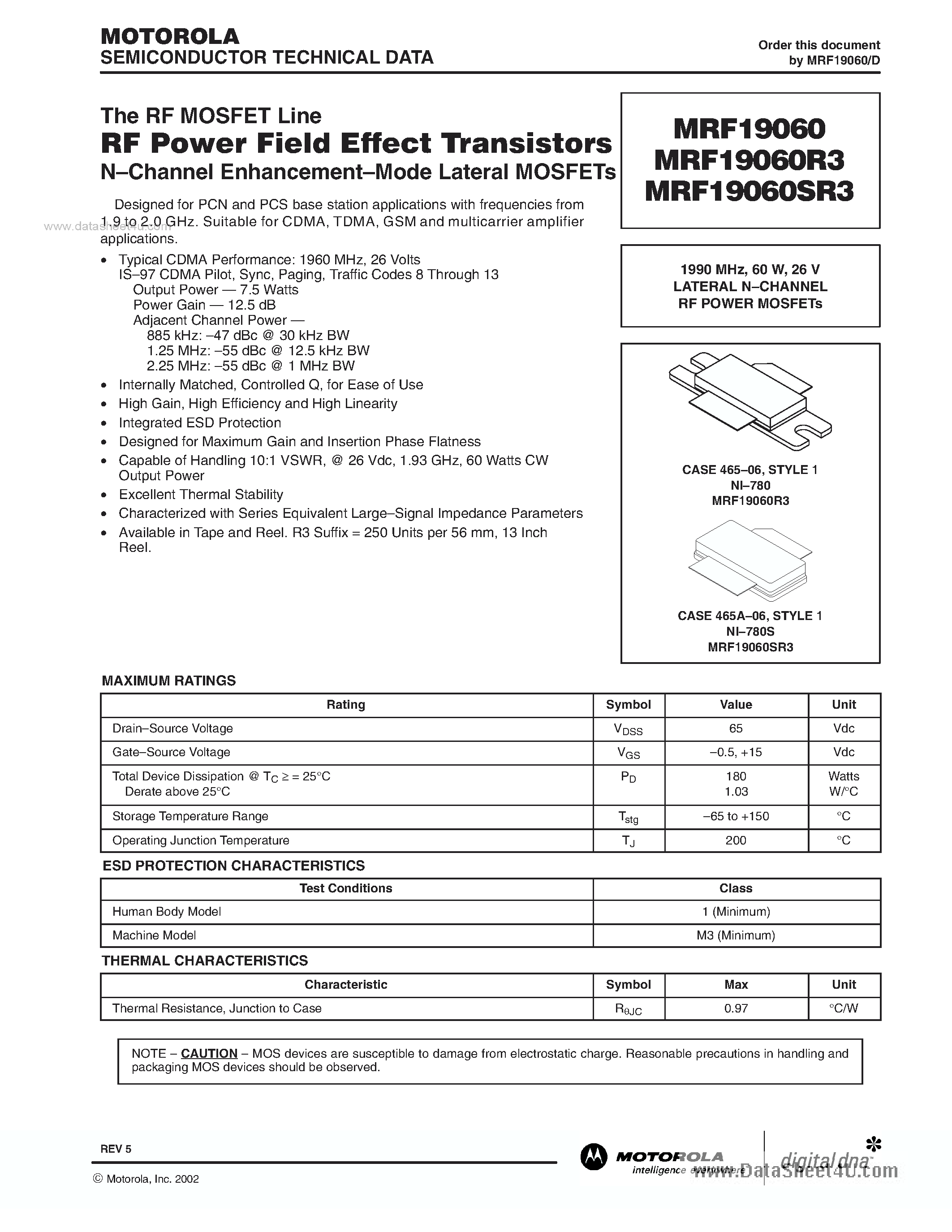 Datasheet MRF19060 page 1 Datasheet MRF19060 - RF POWER FIELD EFFECT TRANSISTORS page 1