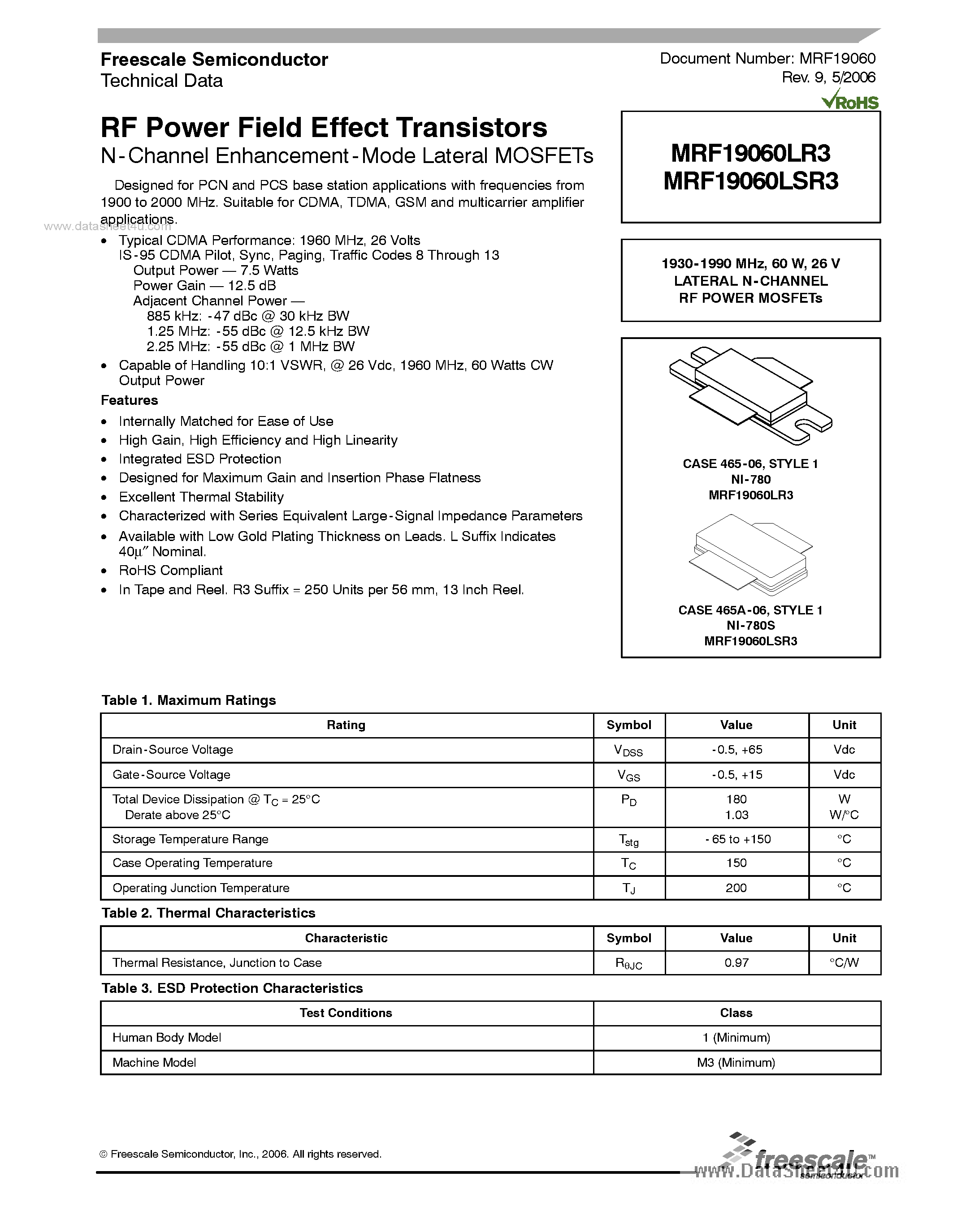 Datasheet MRF19060LR3 page 1 Datasheet MRF19060LR3 - RF Power Field Effect Transistors page 1