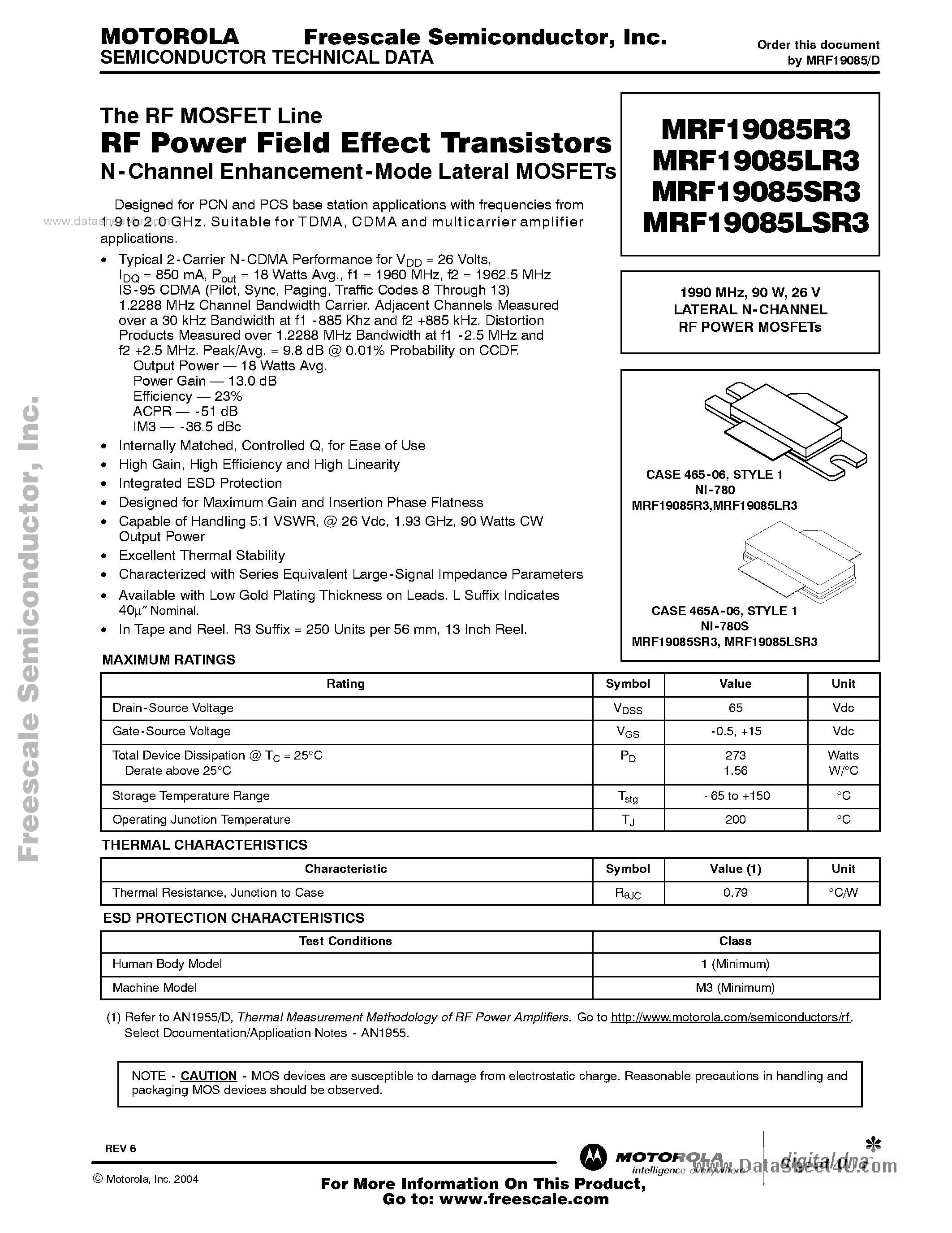Datasheet MRF19085LR3 page 1 Datasheet MRF19085LR3 - RF Power Field Effect Transistors page 1