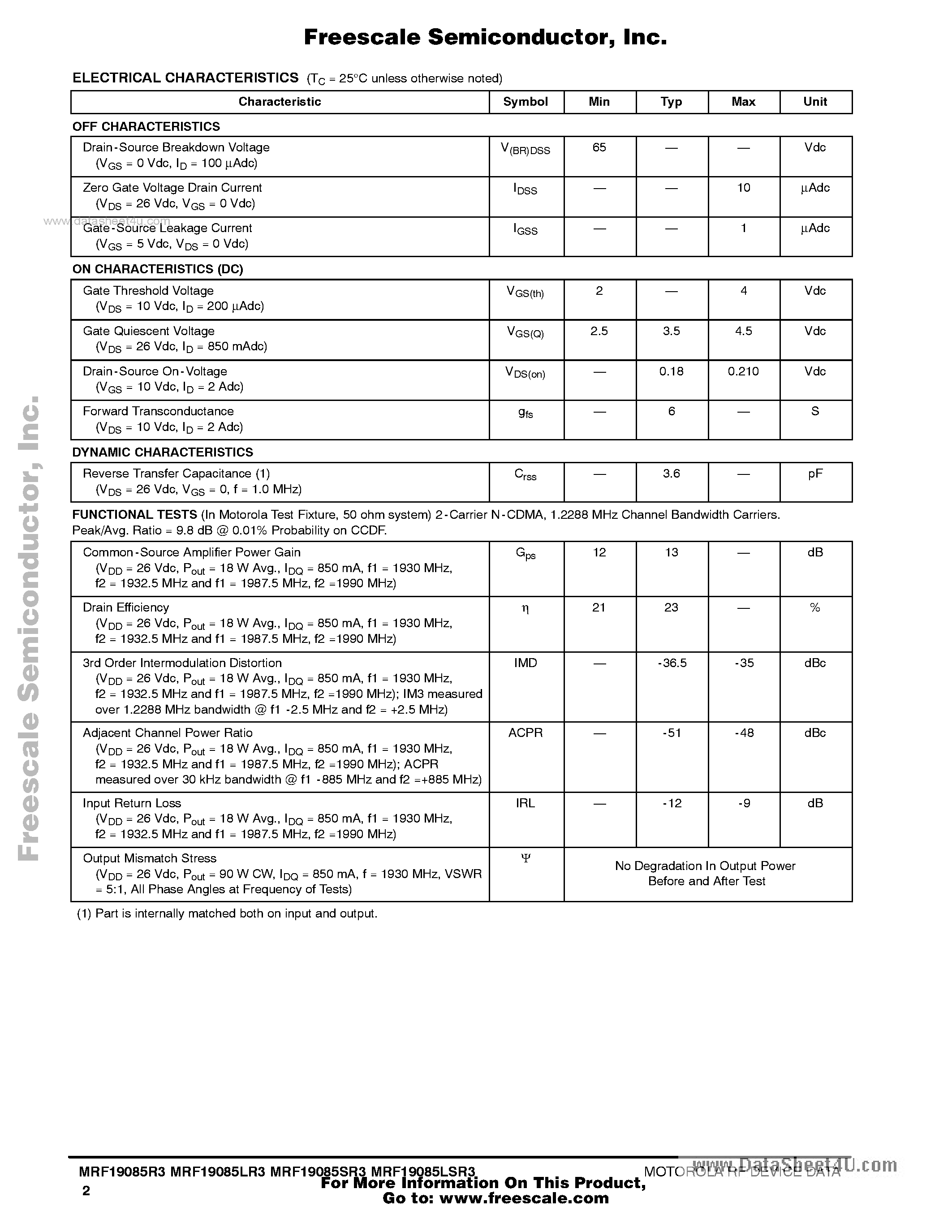 Datasheet MRF19085LR3 page 2 Datasheet MRF19085LR3 - RF Power Field Effect Transistors page 2