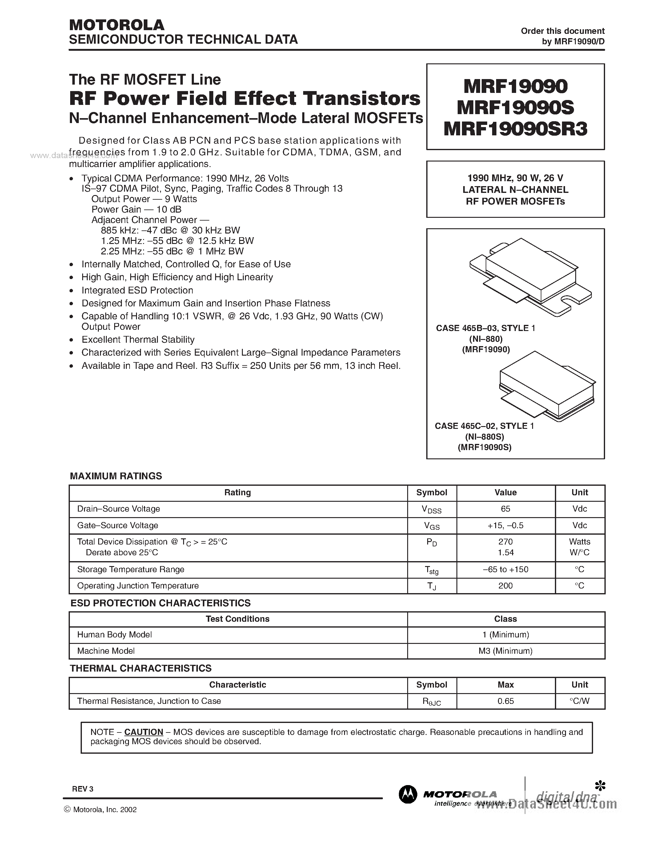 Datasheet MRF19090 page 1 Datasheet MRF19090 - RF POWER FIELD EFFECT TRANSISTORS page 1