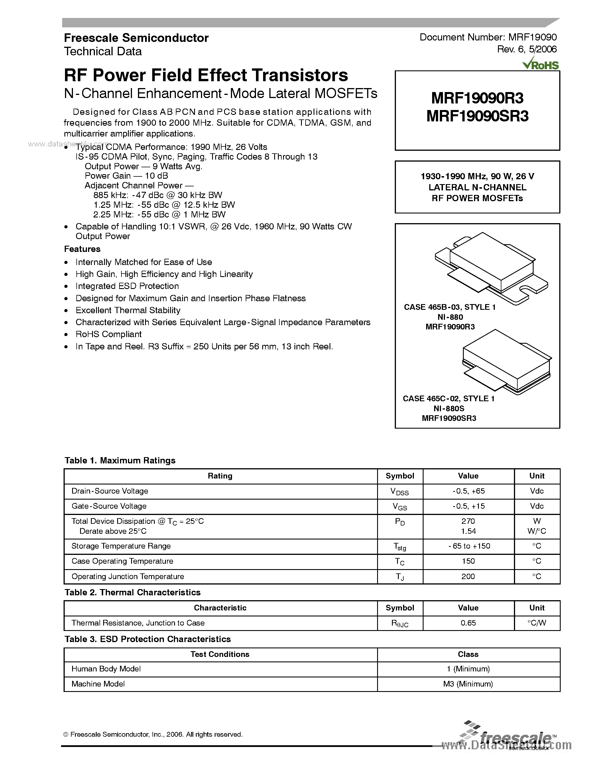 Datasheet MRF19090R3 page 1 Datasheet MRF19090R3 - RF Power Field Effect Transistors page 1