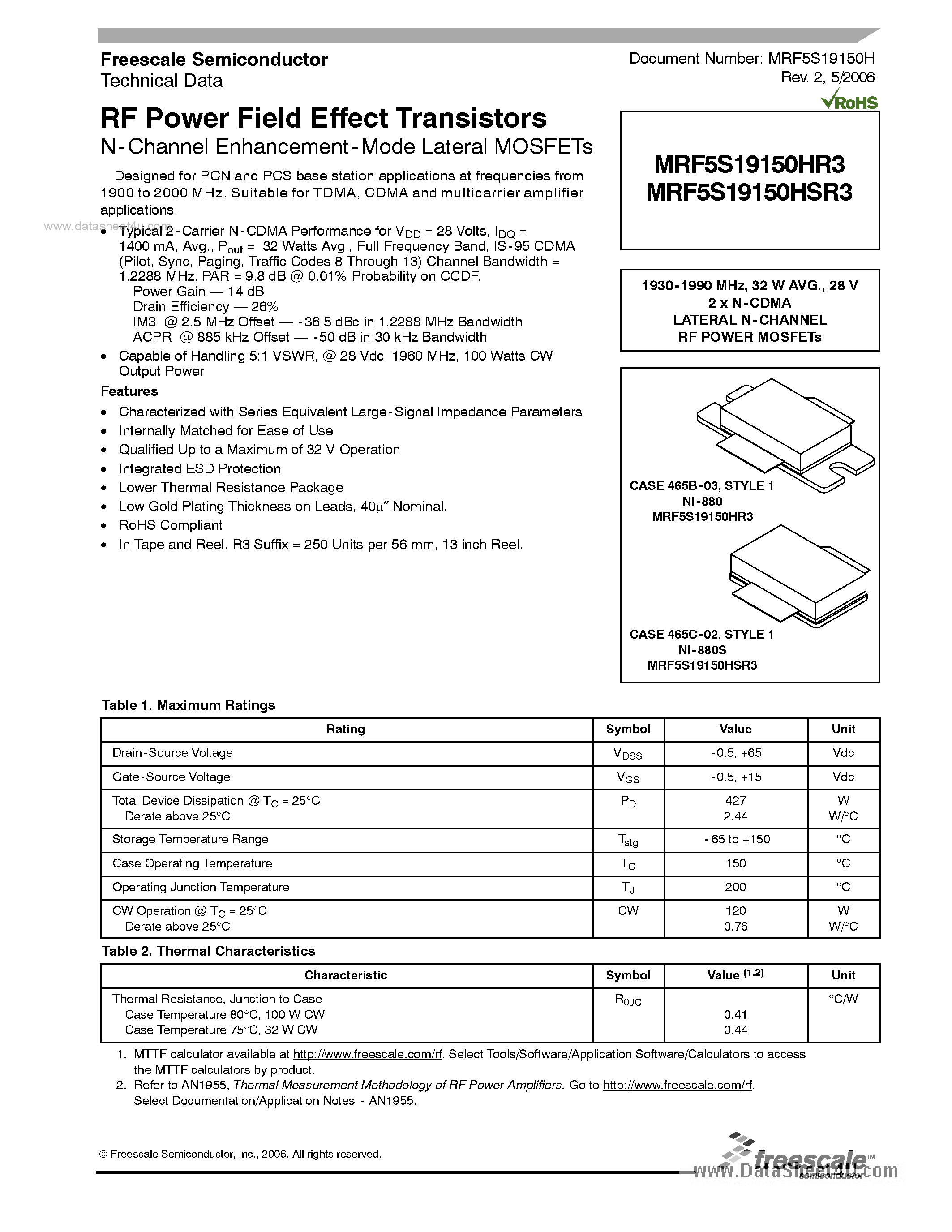 Datasheet MRF5S19150HR3 - RF Power Field Effect Transistors N-Channel Enhancement-Mode Lateral MOSFETs page 1