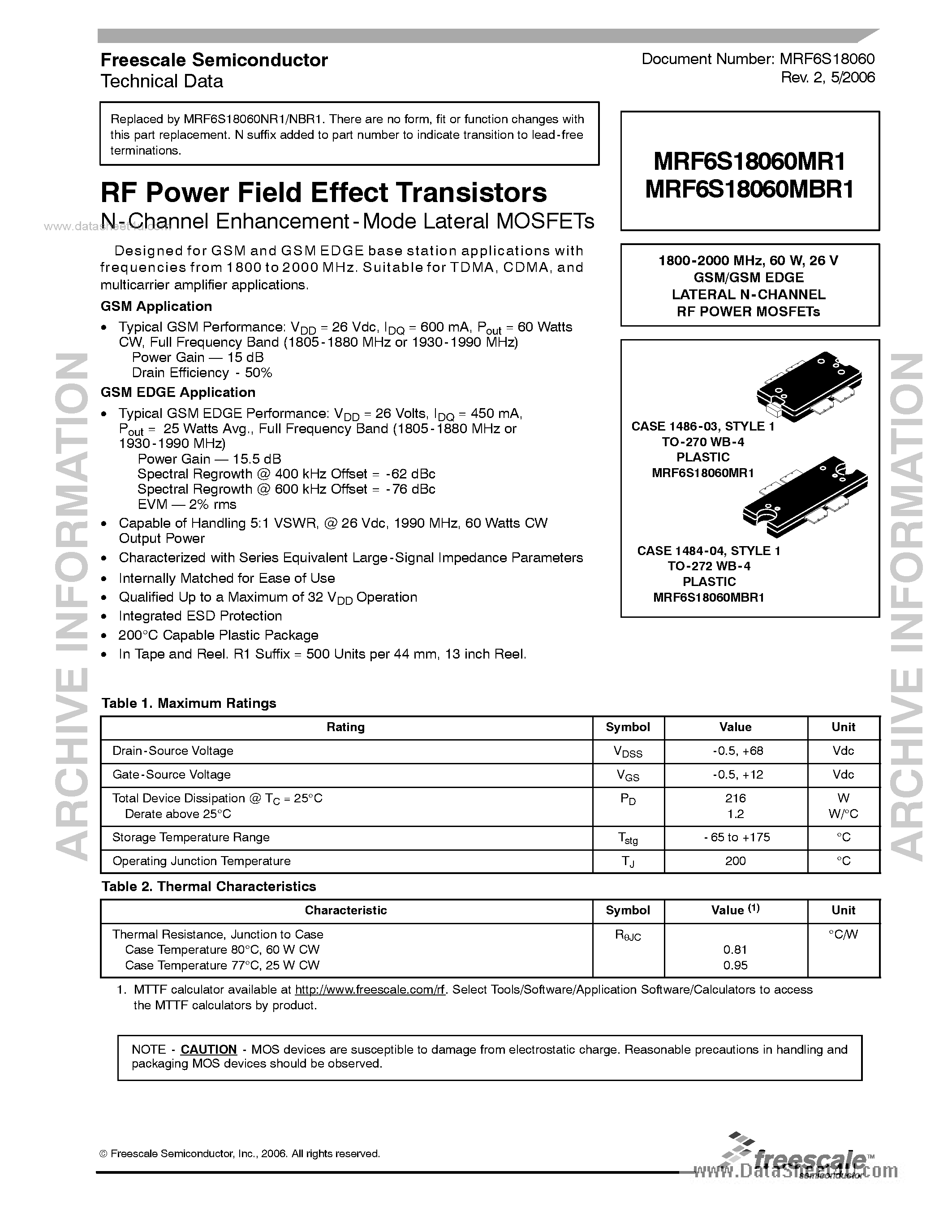 Datasheet MRF6S18060MBR1 - RF Power Field Effect Transistors N-Channel Enhancement-Mode Lateral MOSFETs page 1