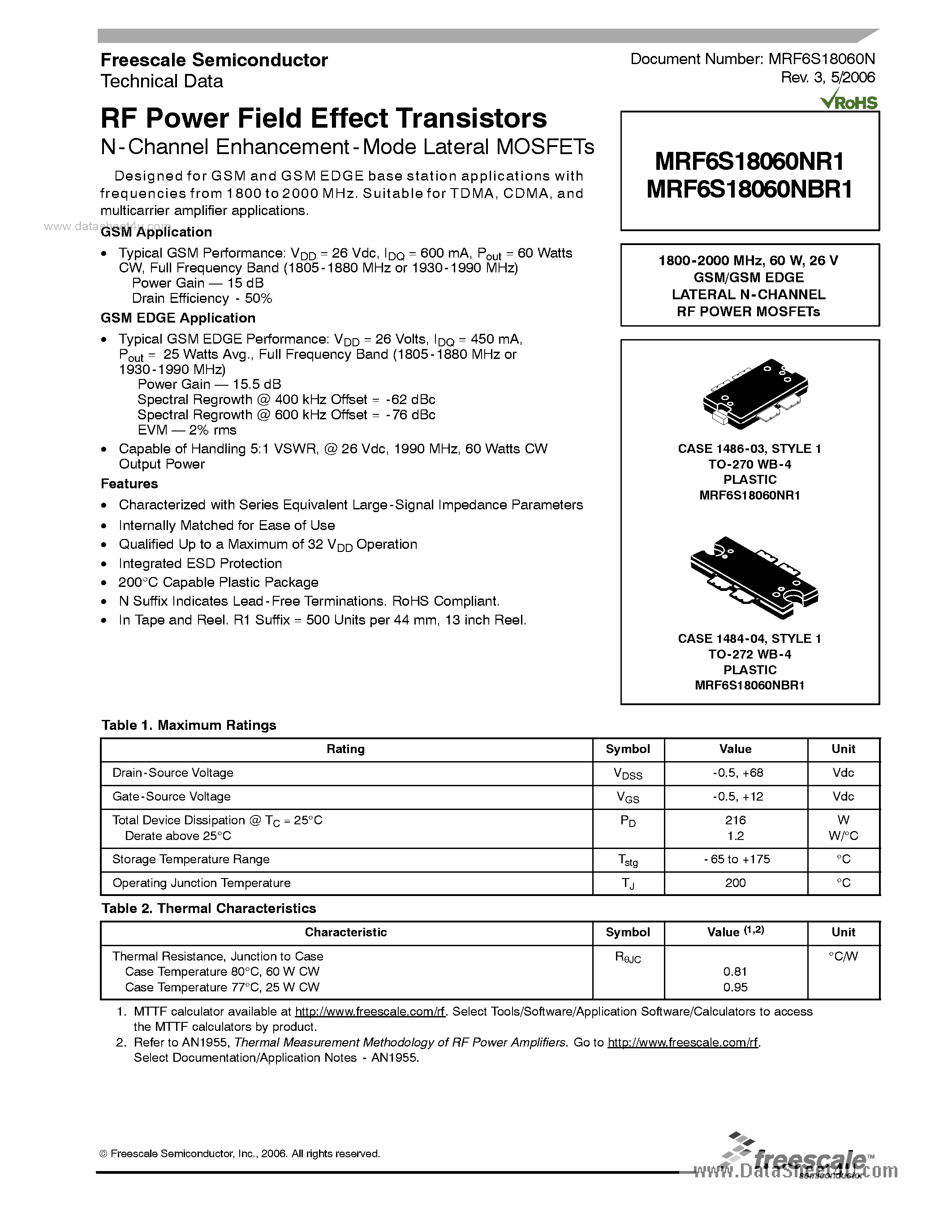 Datasheet MRF6S18060NBR1 - RF Power Field Effect Transistors page 1