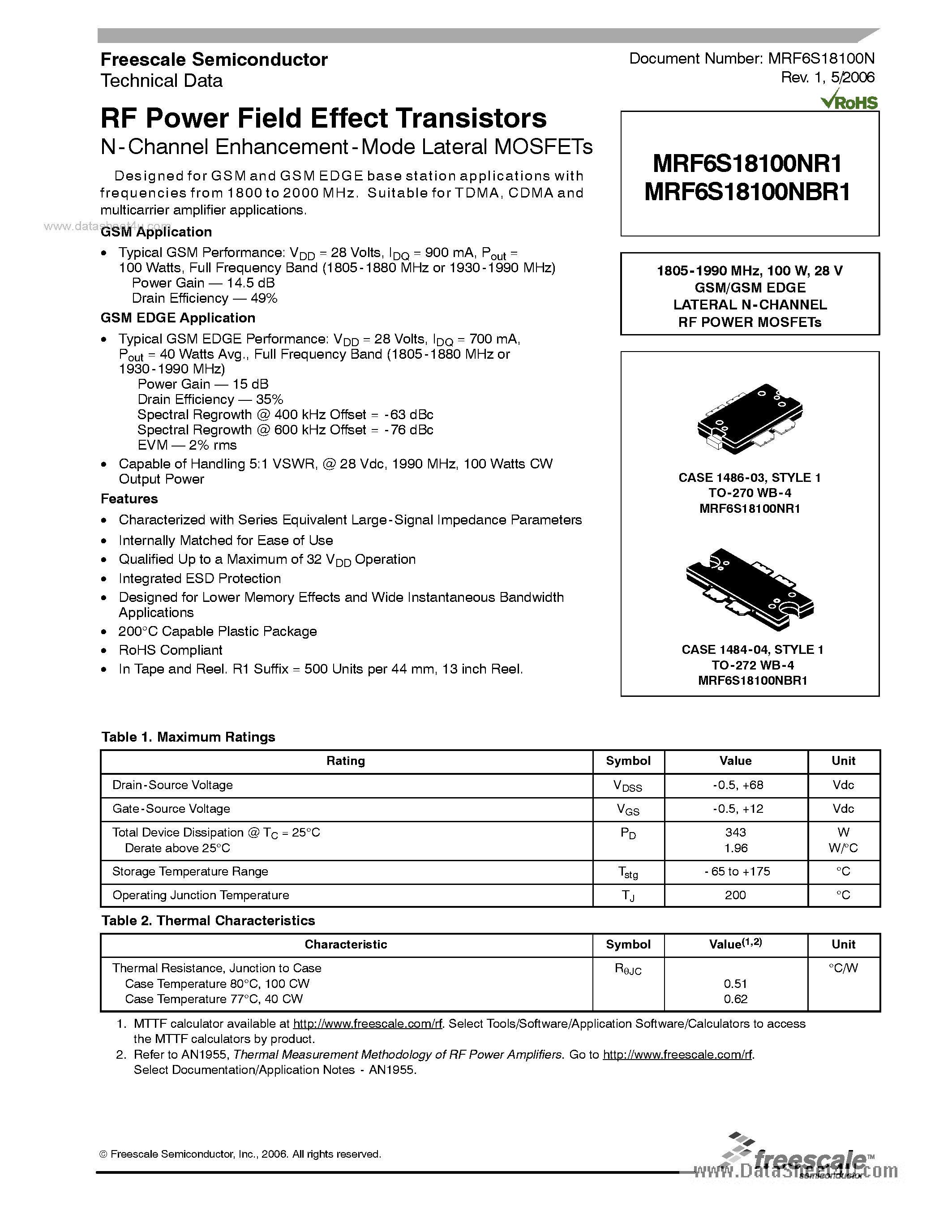 Datasheet MRF6S18100NBR1 - RF Power Field Effect Transistors N-Channel Enhancement-Mode Lateral MOSFETs page 1