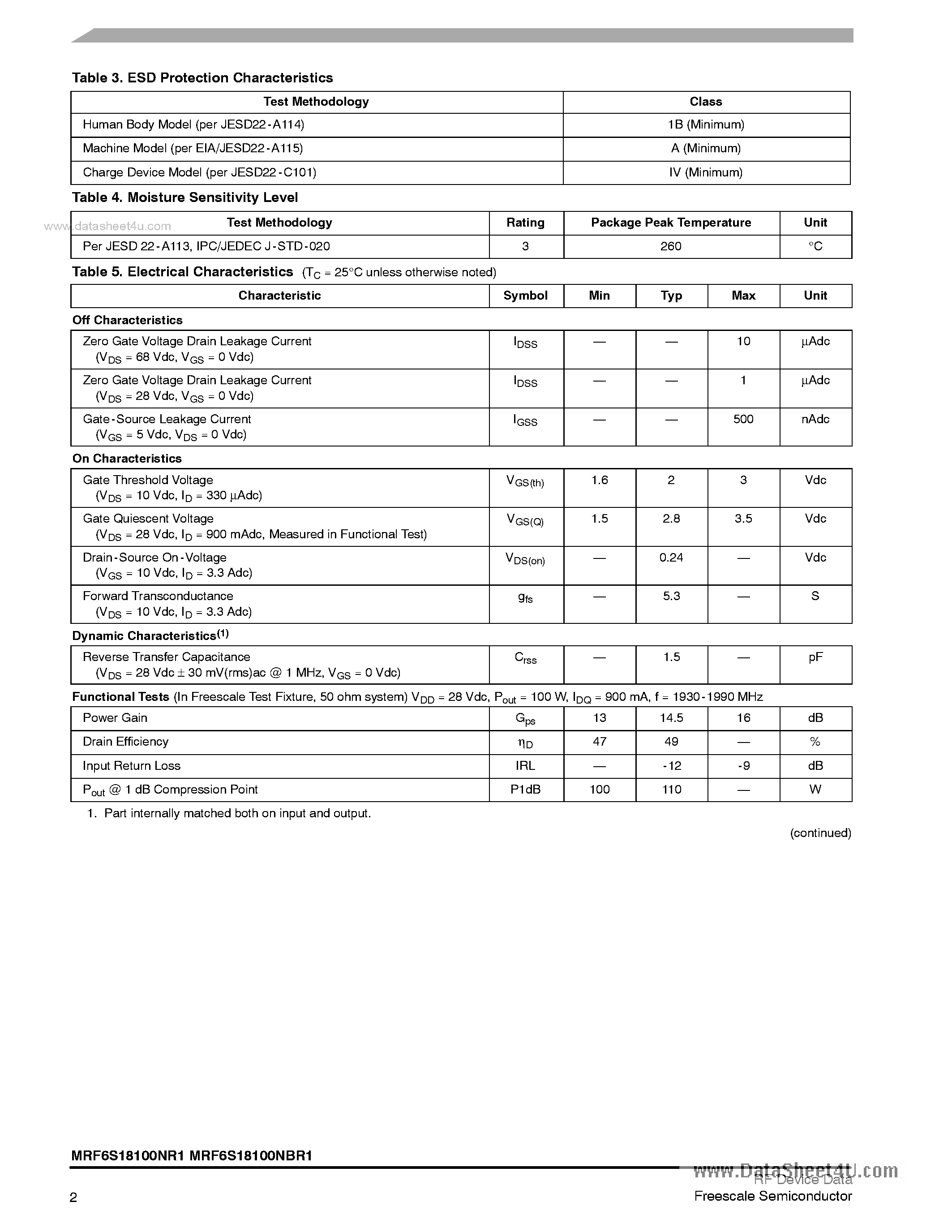 Datasheet MRF6S18100NBR1 - RF Power Field Effect Transistors N-Channel Enhancement-Mode Lateral MOSFETs page 2