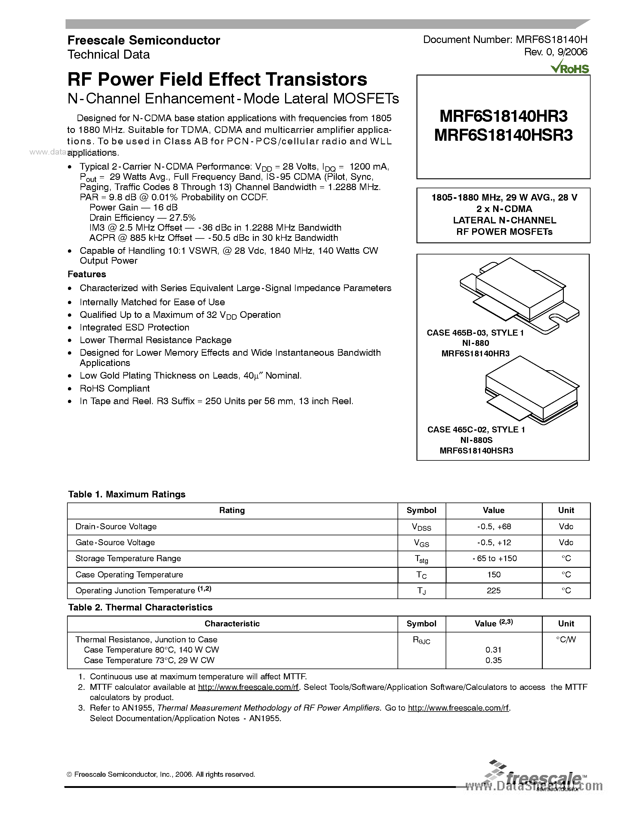 Datasheet MRF6S18140HR3 - RF Power Field Effect Transistors N-Channel Enhancement-Mode Lateral MOSFETs page 1