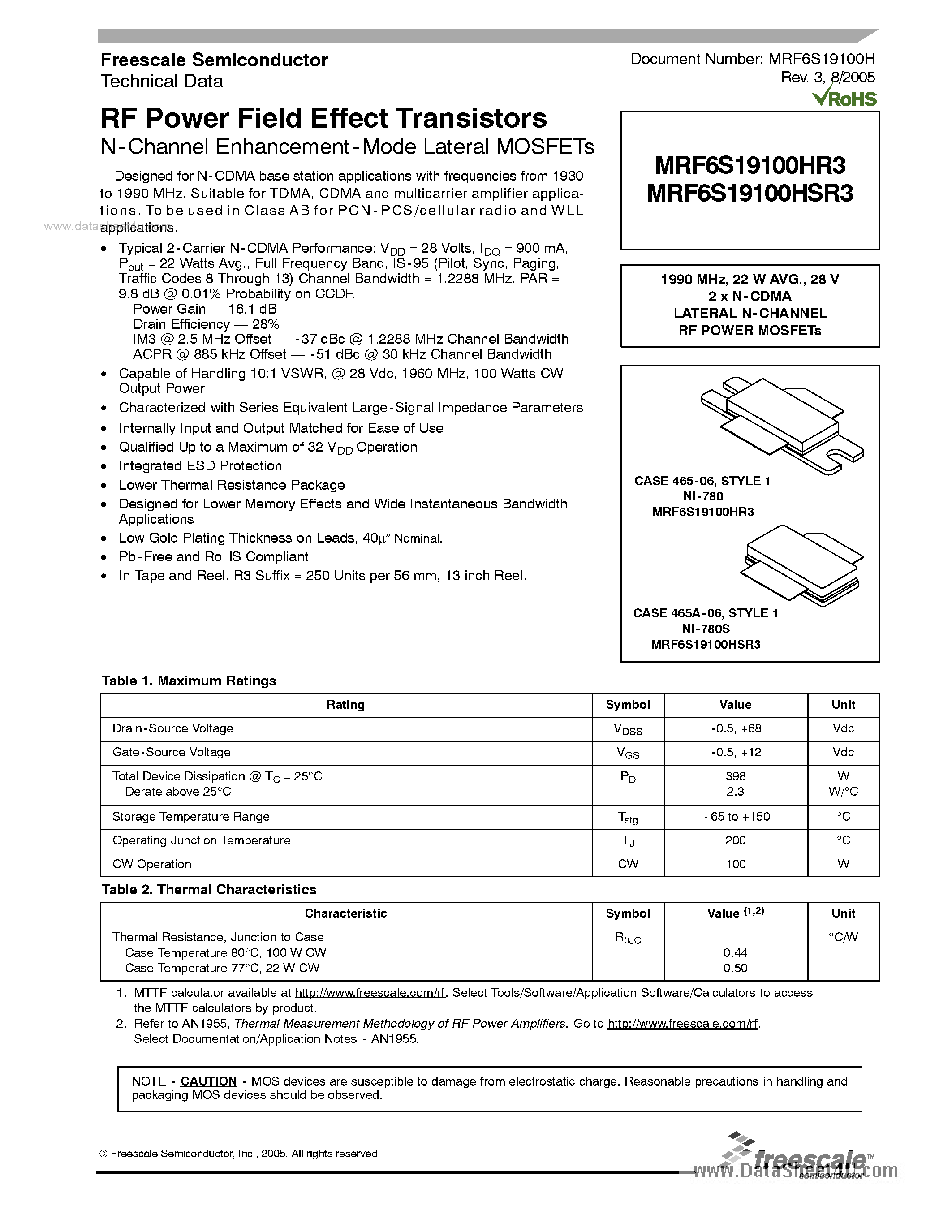 Datasheet MRF6S19100HR3 page 1 Datasheet MRF6S19100HR3 - RF Power Field Effect Transistors page 1