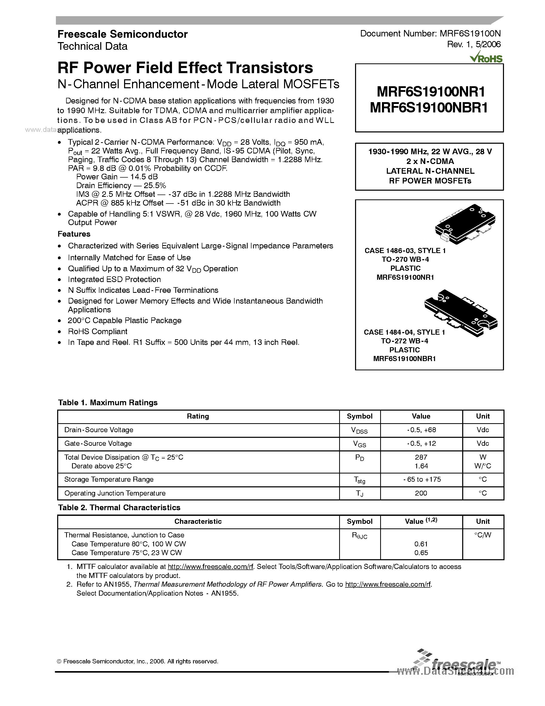 Datasheet MRF6S19100NBR1 page 1 Datasheet MRF6S19100NBR1 - RF Power Field Effect Transistors page 1
