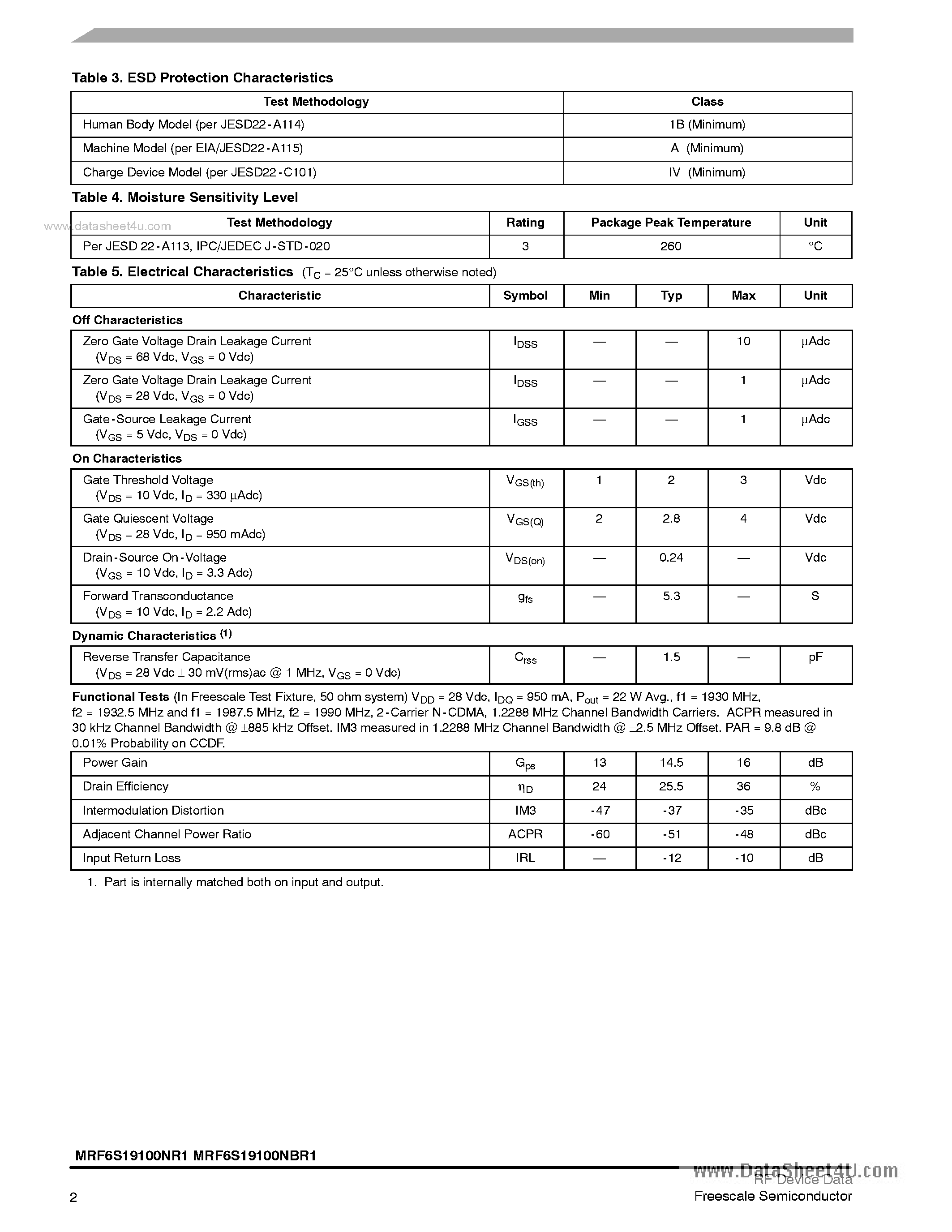 Datasheet MRF6S19100NBR1 page 2 Datasheet MRF6S19100NBR1 - RF Power Field Effect Transistors page 2