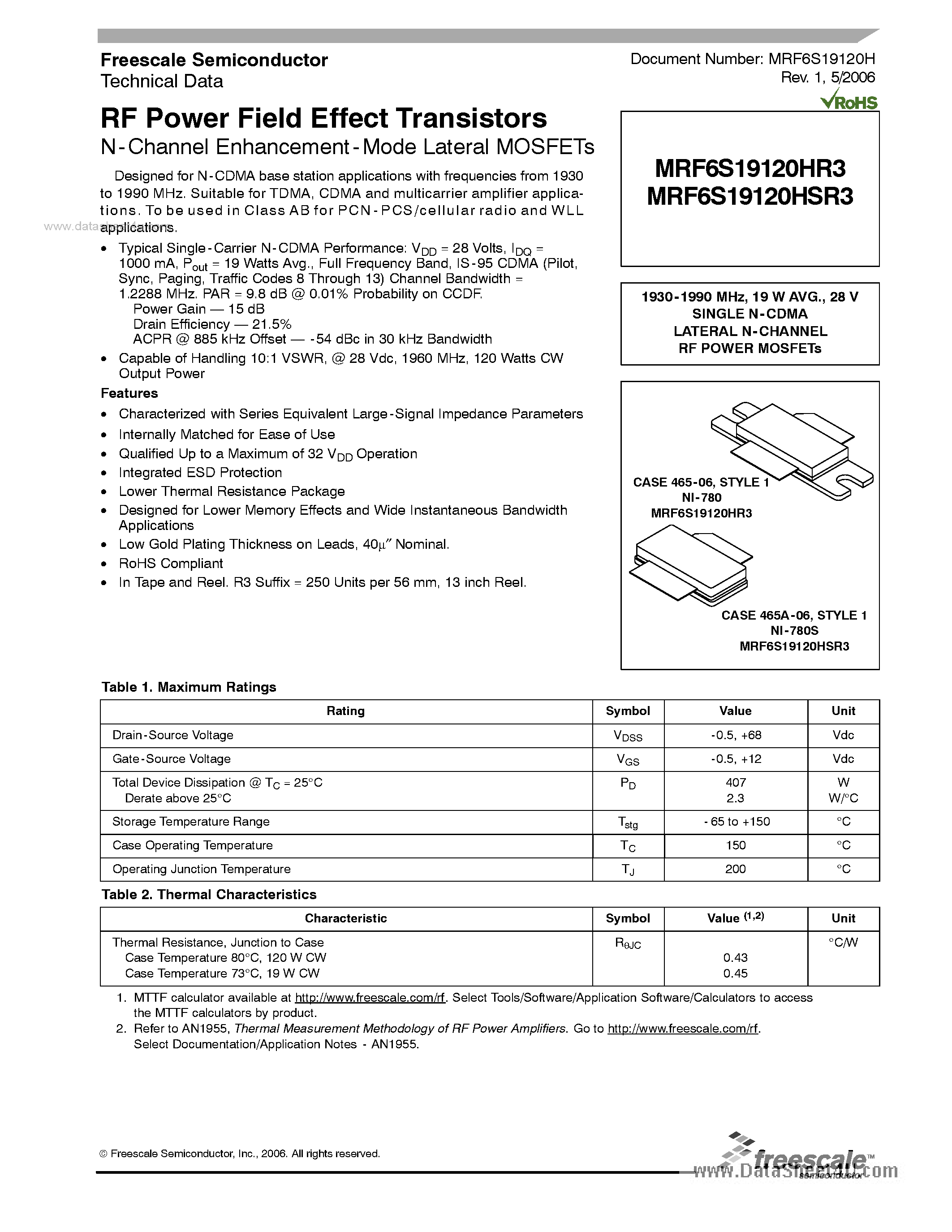 Datasheet MRF6S19120HR3 page 1 Datasheet MRF6S19120HR3 - RF Power Field Effect Transistors page 1