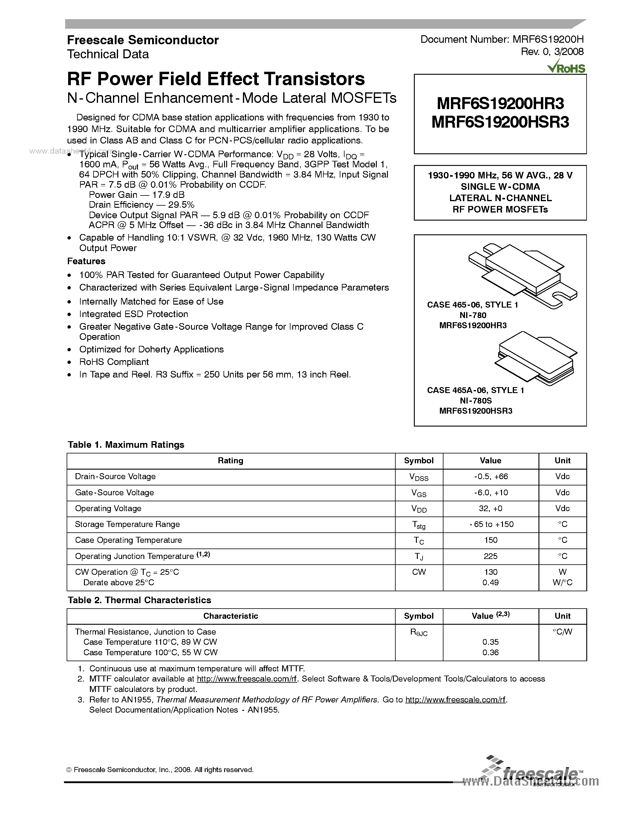 Datasheet MRF6S19200HR3 - RF Power Field Effect Transistors page 1