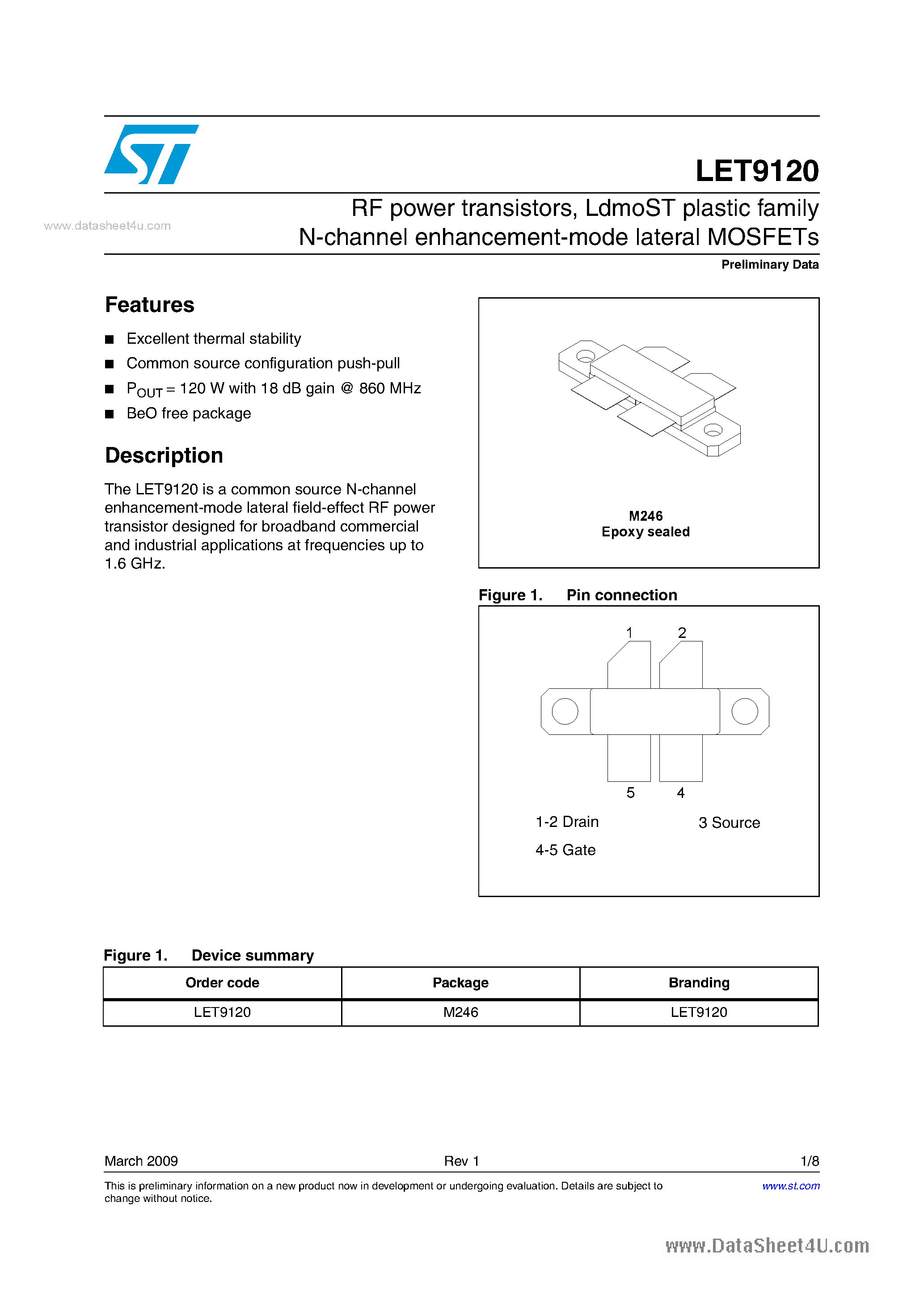 Datasheet LET9120 - LDMOS 28 V HF/VHF/UHF/900 MHz & Avionics Applications page 1
