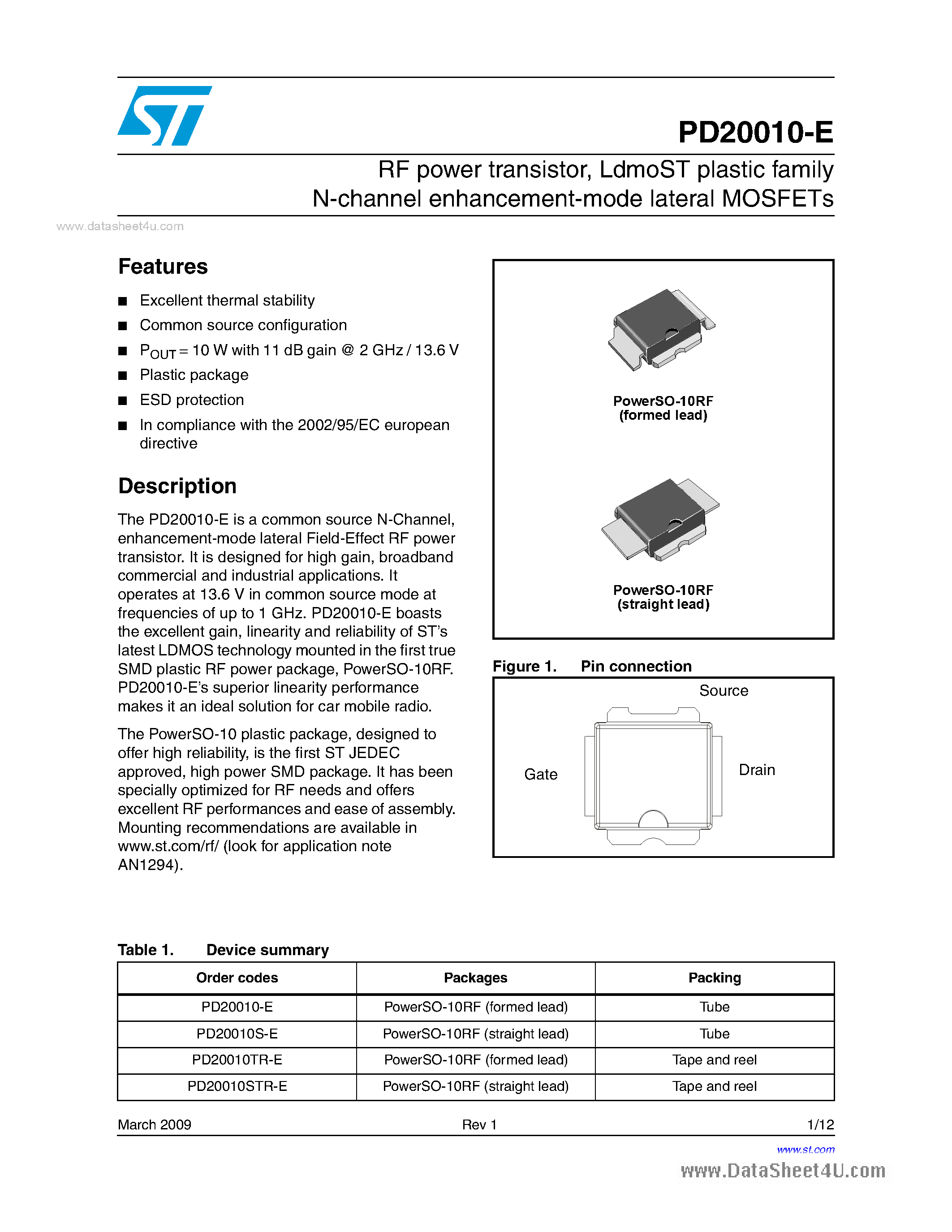 Даташит на микросхему PD20010-E страница 1 Даташит PD20010-E - RF Power Transistor страница 1