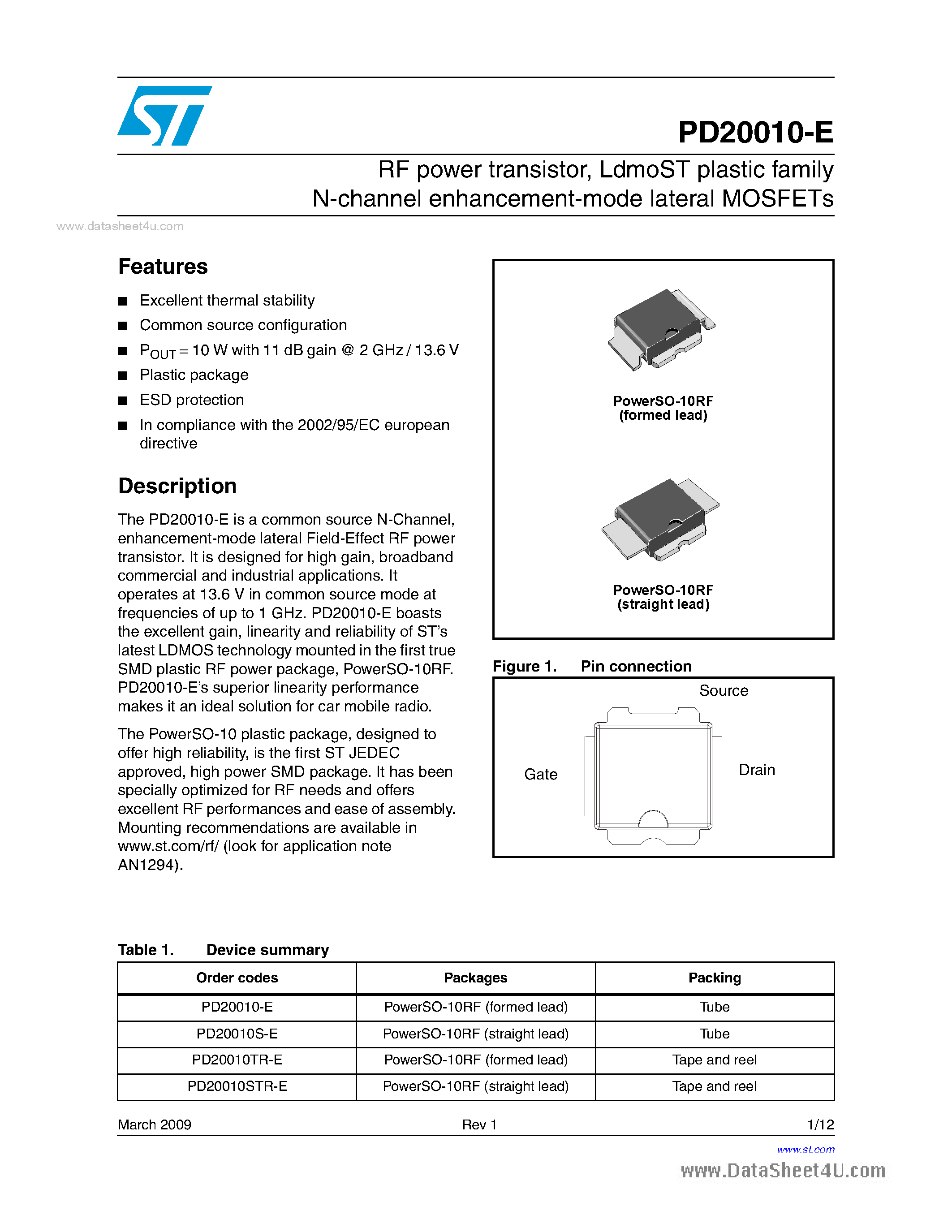 Datasheet PD20010-E - RF Power Transistor page 1