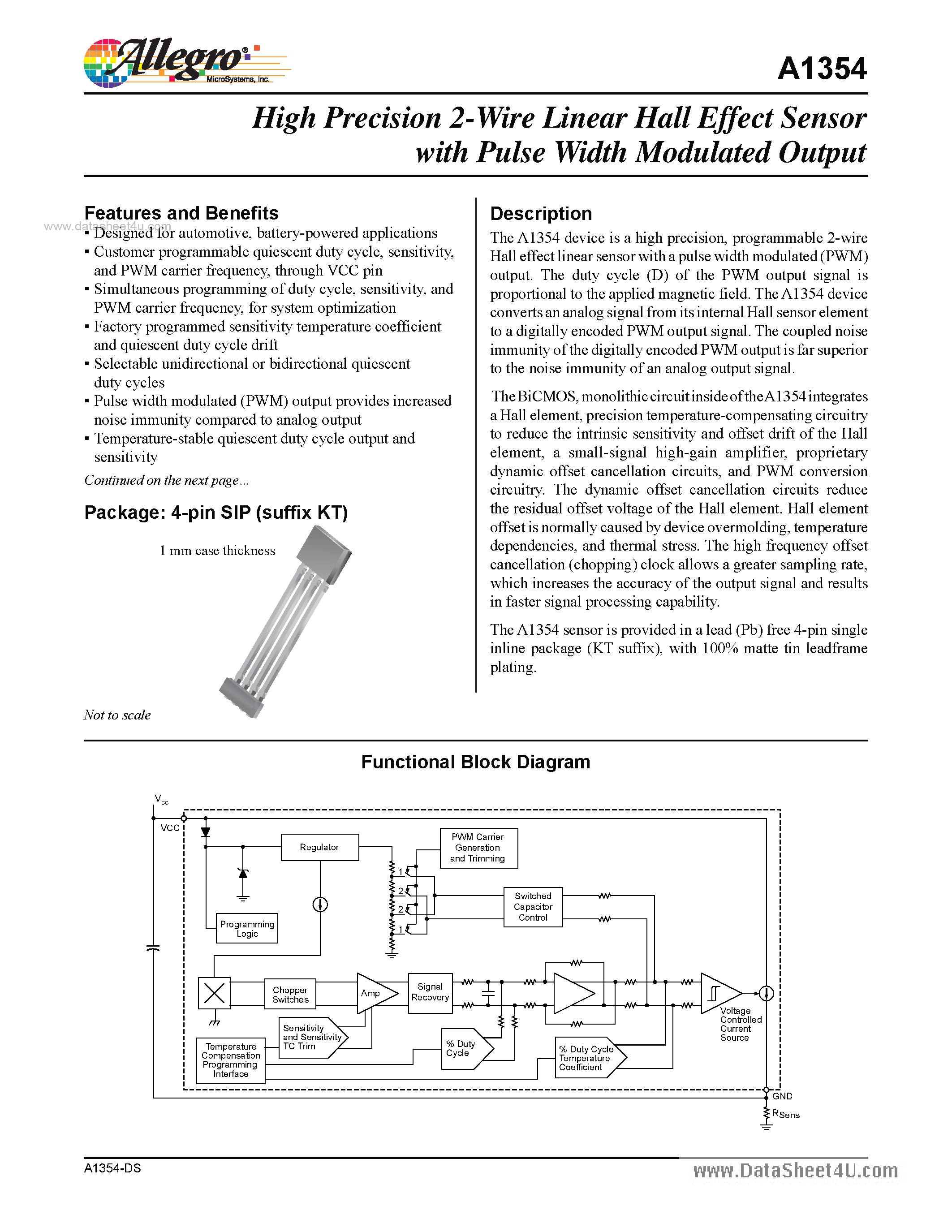 Datasheet A1354 - High Precision 2-Wire Linear Hall Effect Sensor page 1