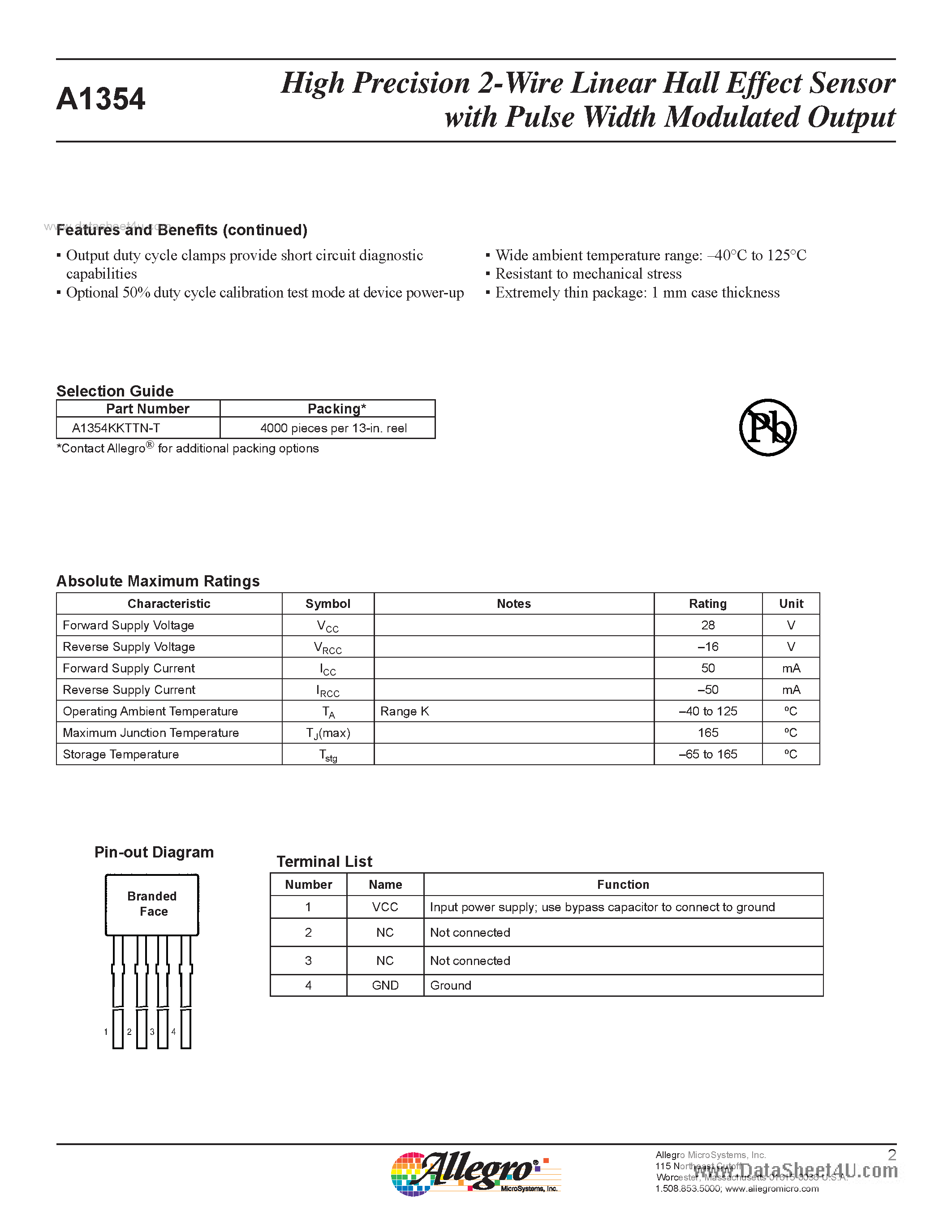 Datasheet A1354 - High Precision 2-Wire Linear Hall Effect Sensor page 2