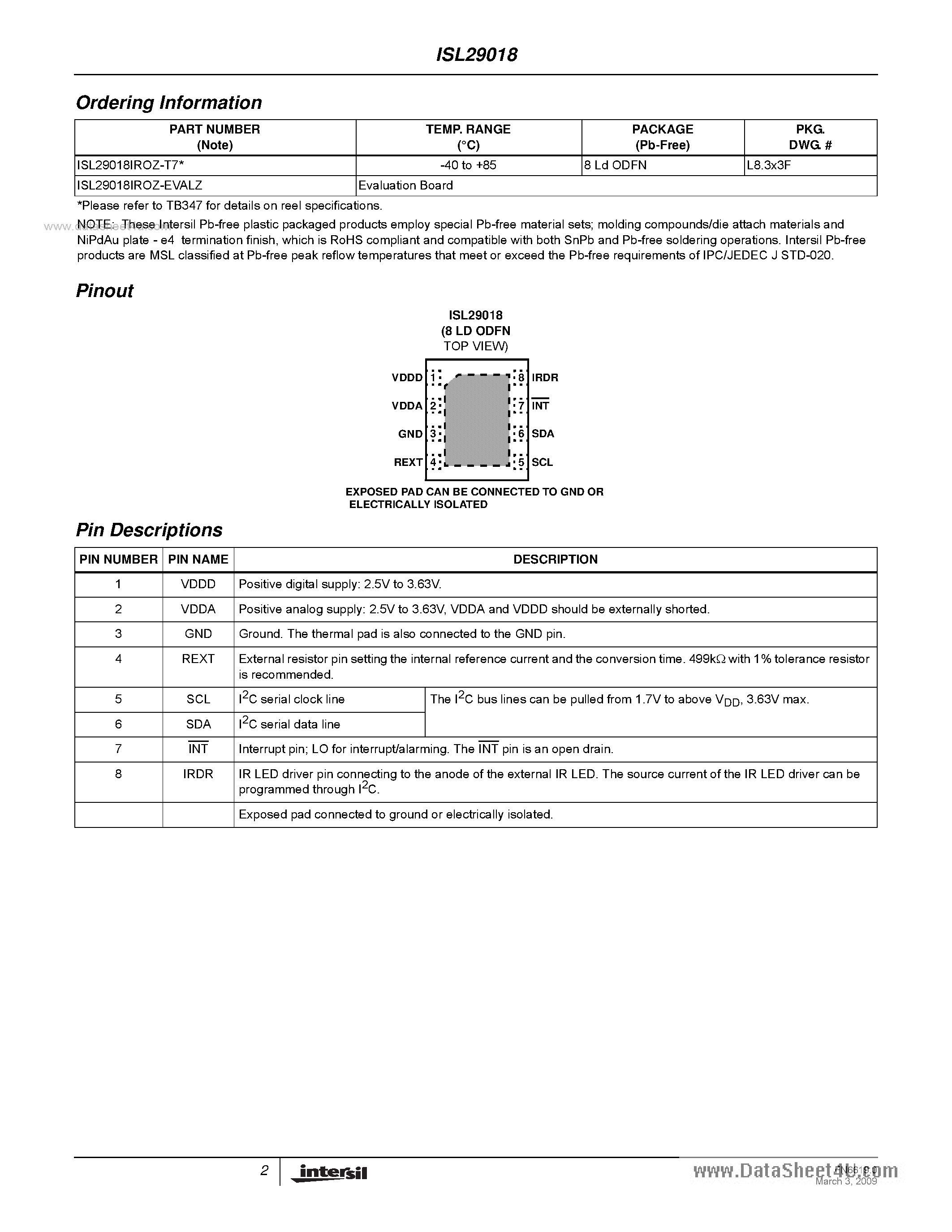 Datasheet ISL29018 - Digital Ambient Light Sensor And Proximity Sensor page 2