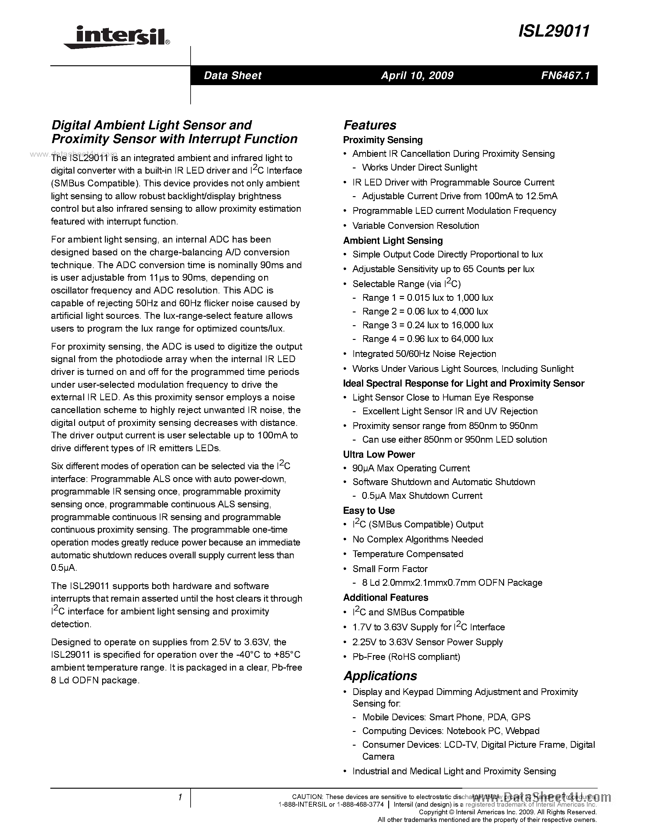 Даташит ISL29011 - Digital Ambient Light Sensor And Proximity Sensor страница 1