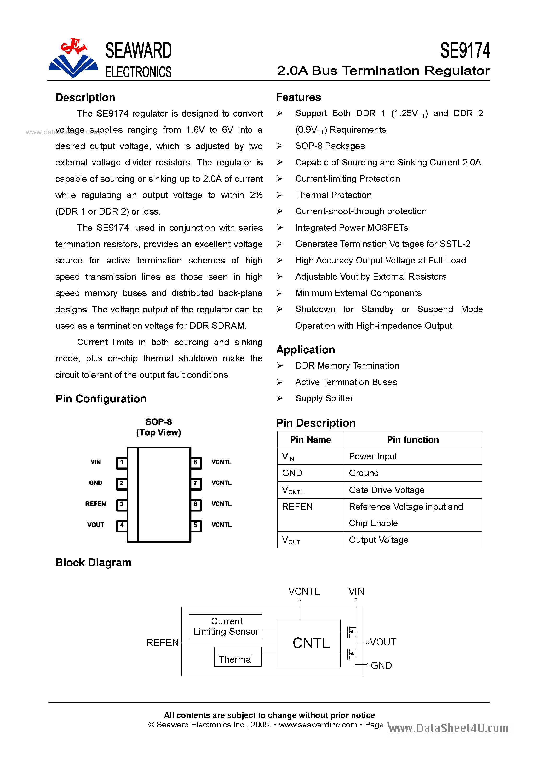 Datasheet SE9174 page 1 Datasheet SE9174 - 2.0A Bus Termmination Regulator page 1