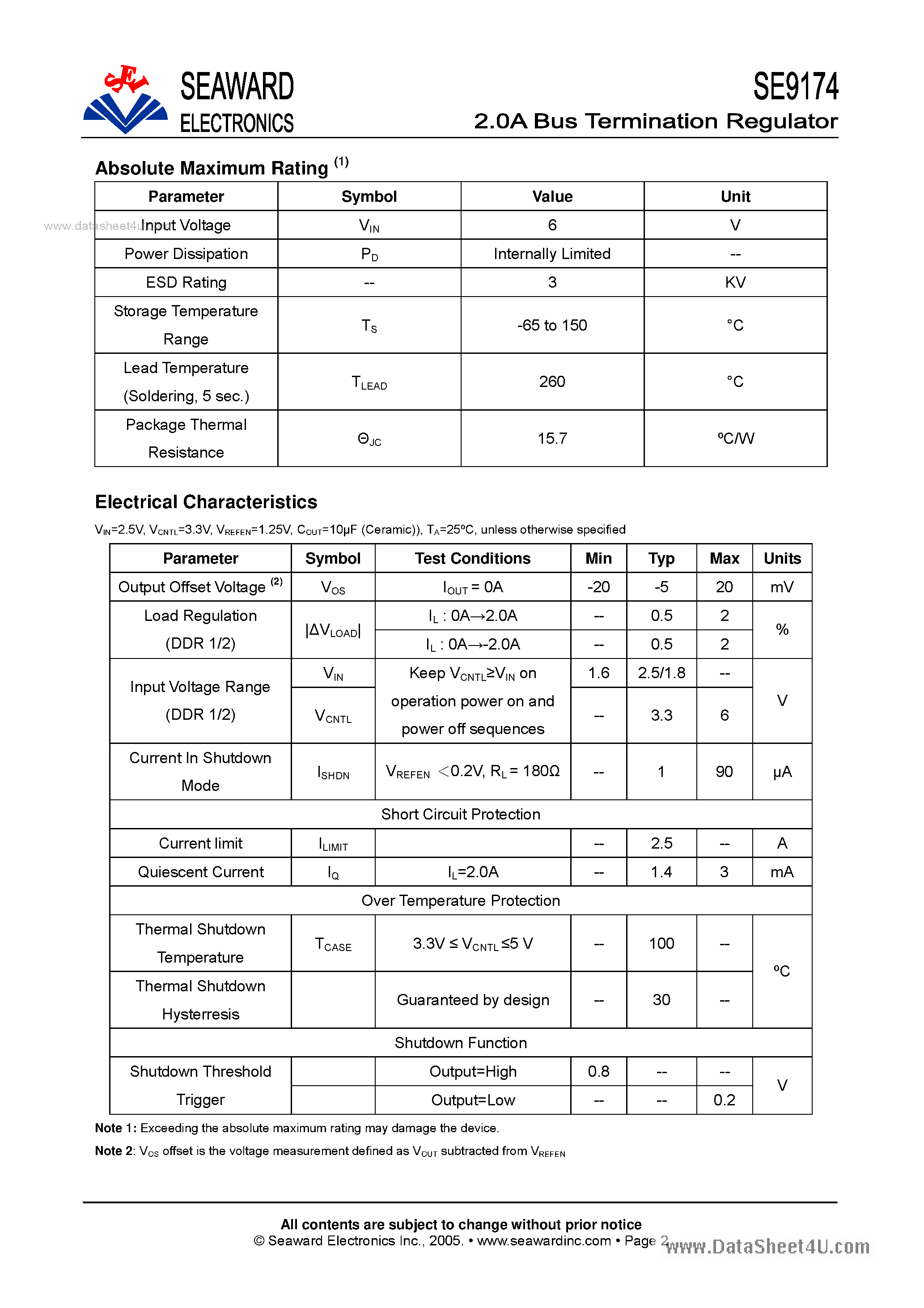 Datasheet SE9174 page 2 Datasheet SE9174 - 2.0A Bus Termmination Regulator page 2