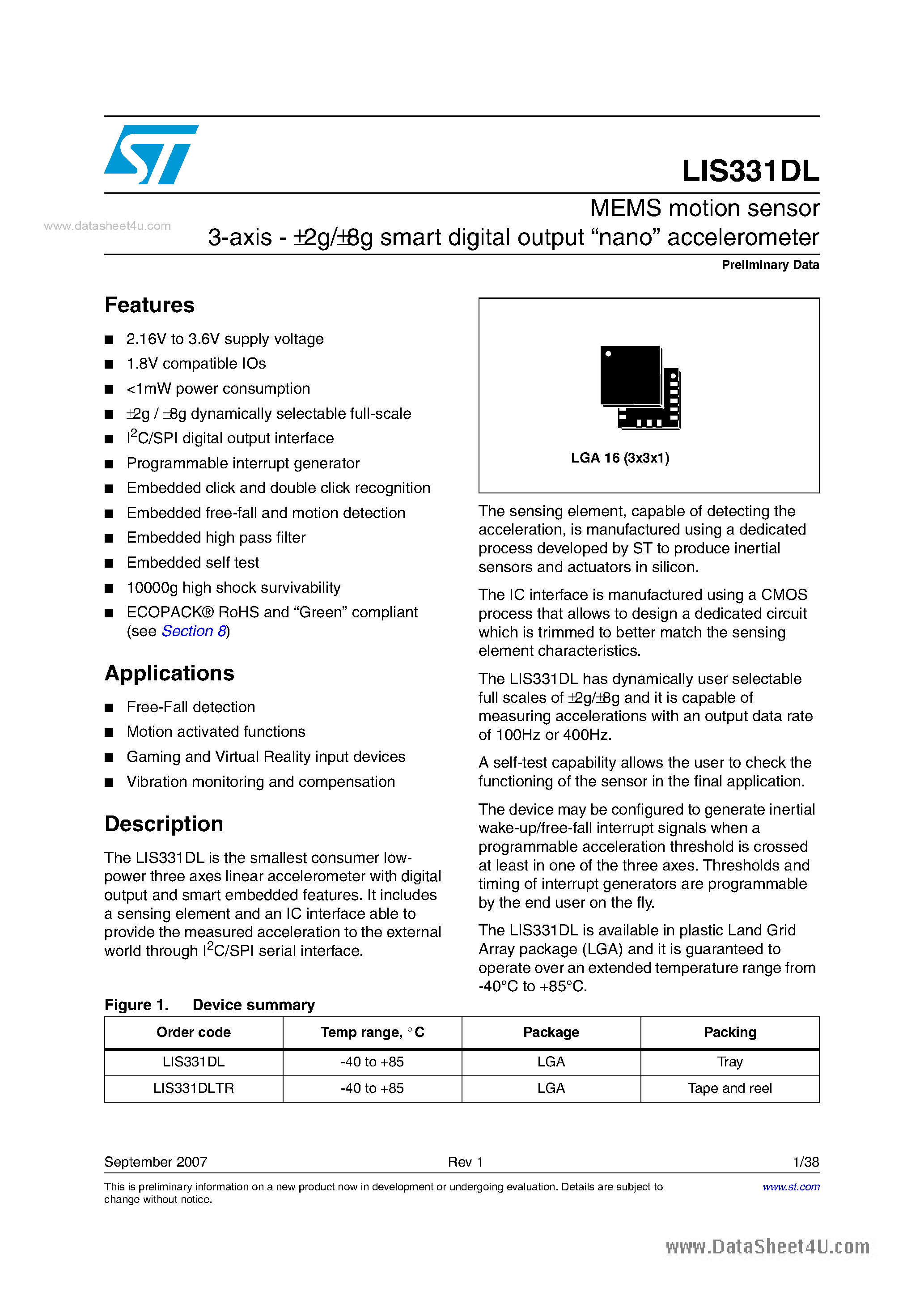 Datasheet LIS331DL page 1 Datasheet LIS331DL - MEMS motion sensor page 1