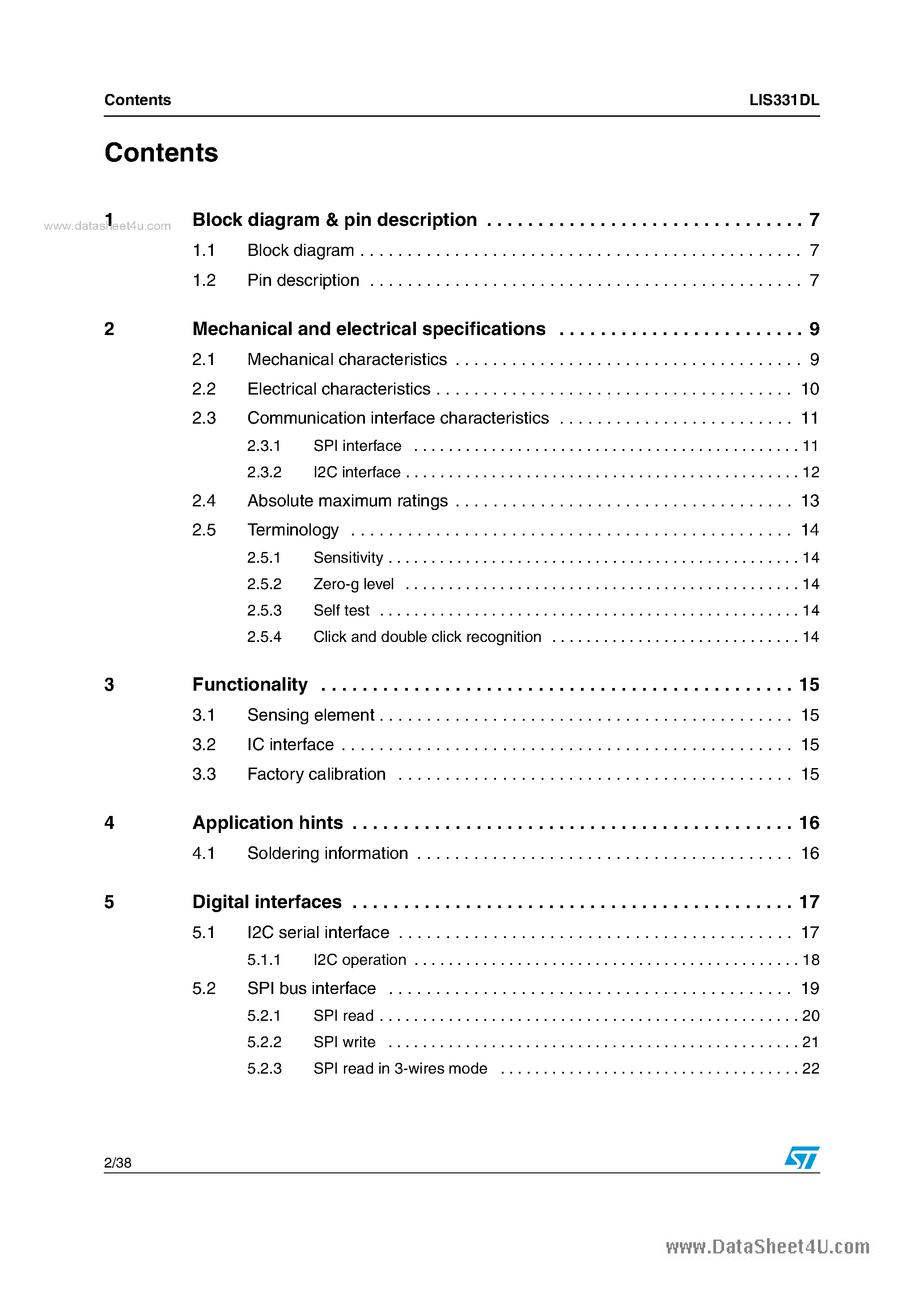 Datasheet LIS331DL page 2 Datasheet LIS331DL - MEMS motion sensor page 2