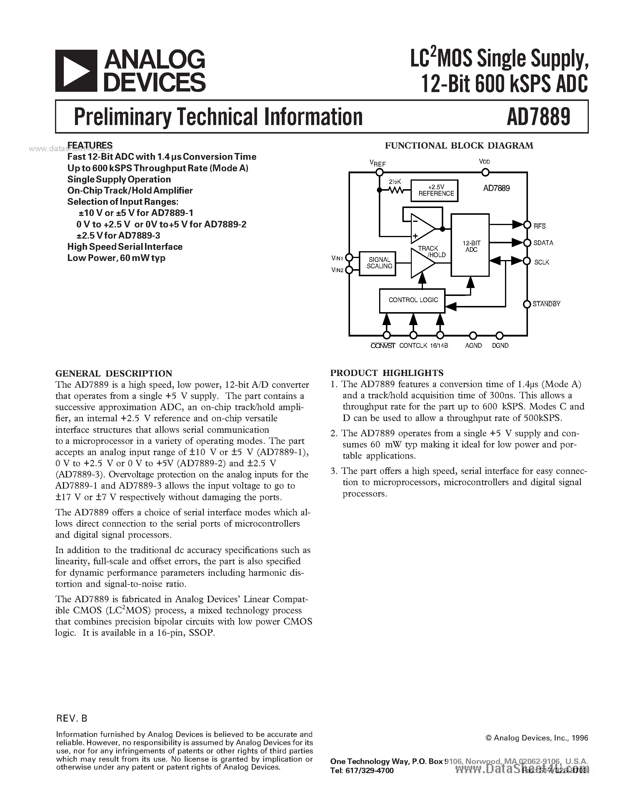Даташит AD7889 - 12-bit successive approximation analog-to-digital converters страница 1