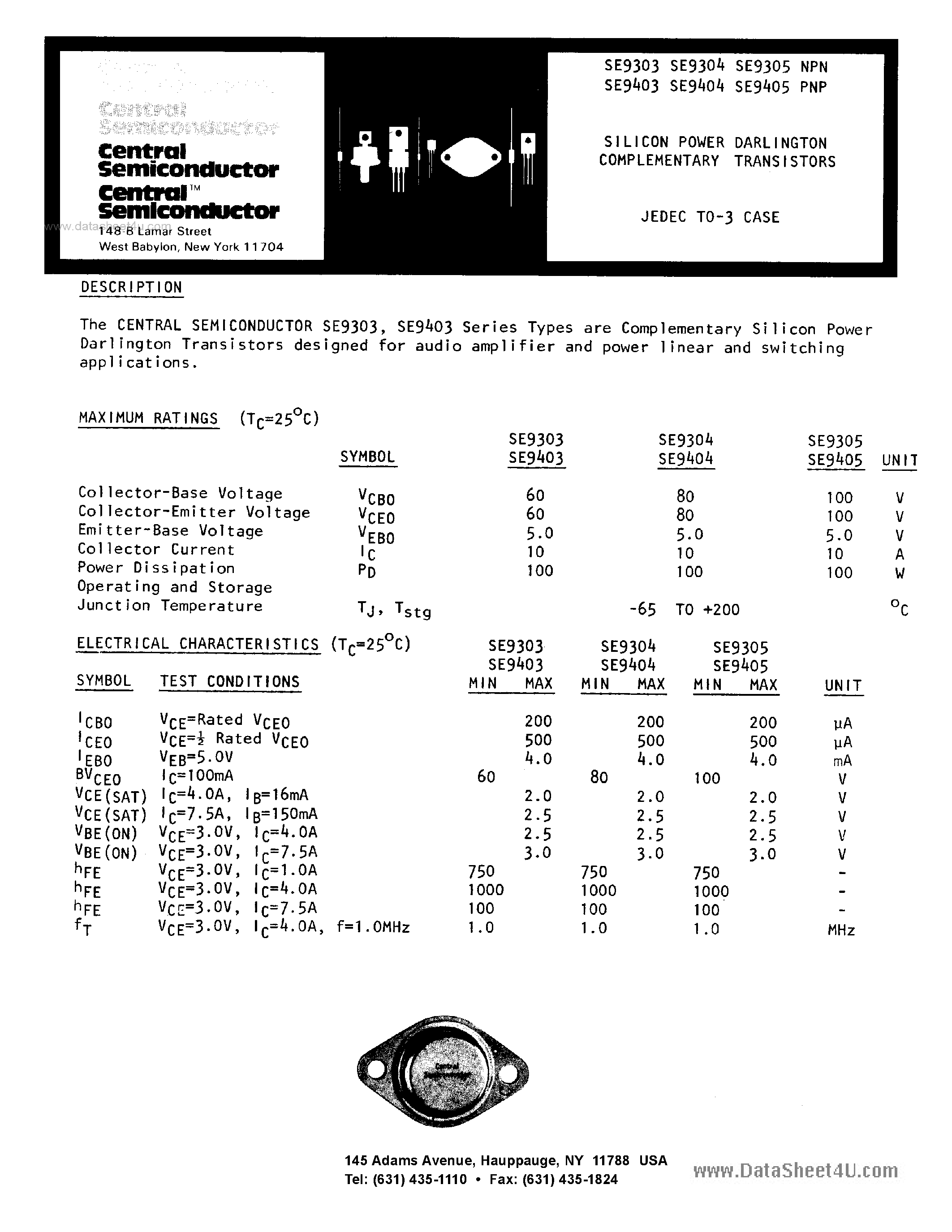 Datasheet SE9303 - (SE9x0x) SILICON POWER DARLINGTON COMPLEMENTARY TRANSISTORS page 1