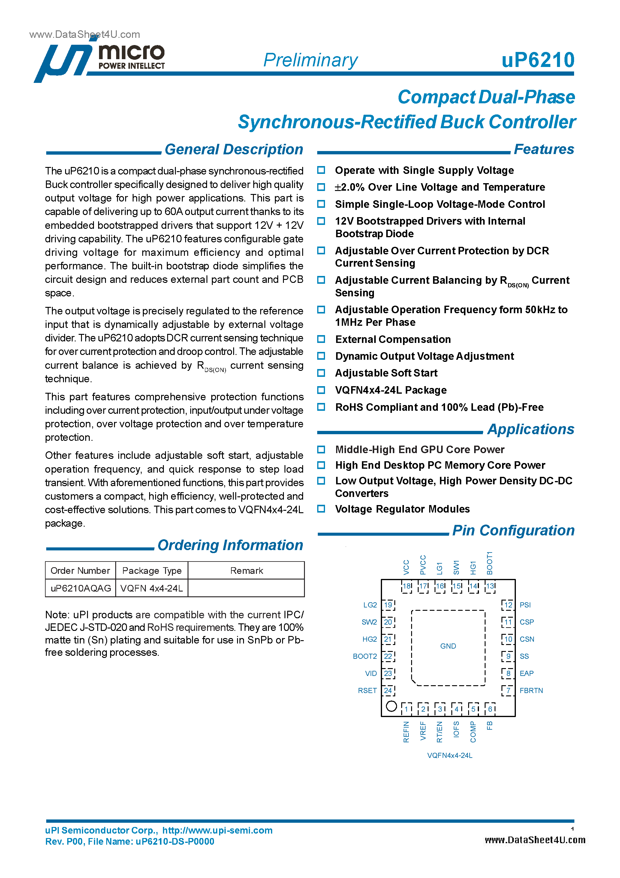 Datasheet UP6210 page 1 Datasheet UP6210 - Compact Dual Phase Synchronous Rectified Buck Controller page 1