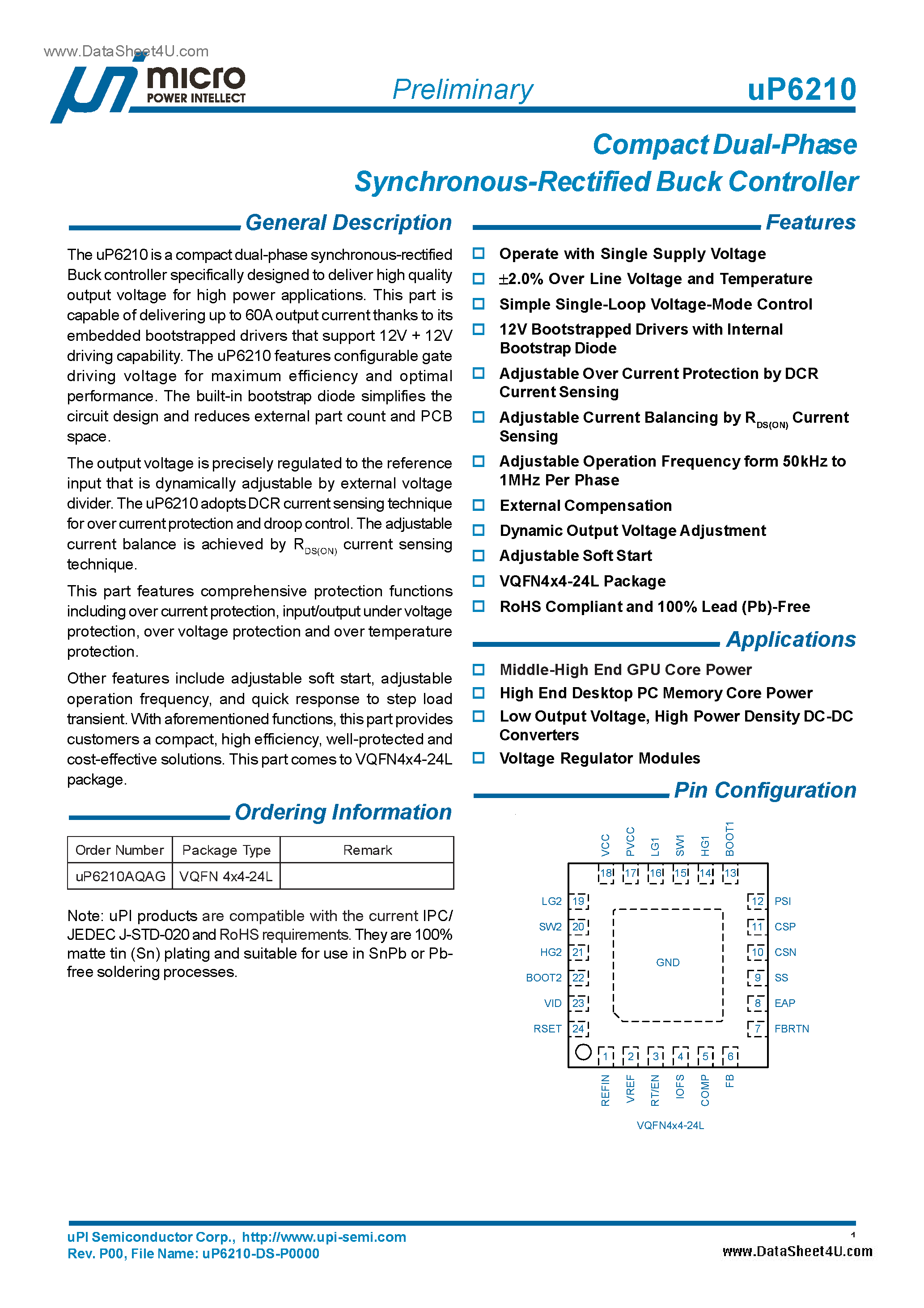 Datasheet UP6210 - Compact Dual Phase Synchronous Rectified Buck Controller page 1