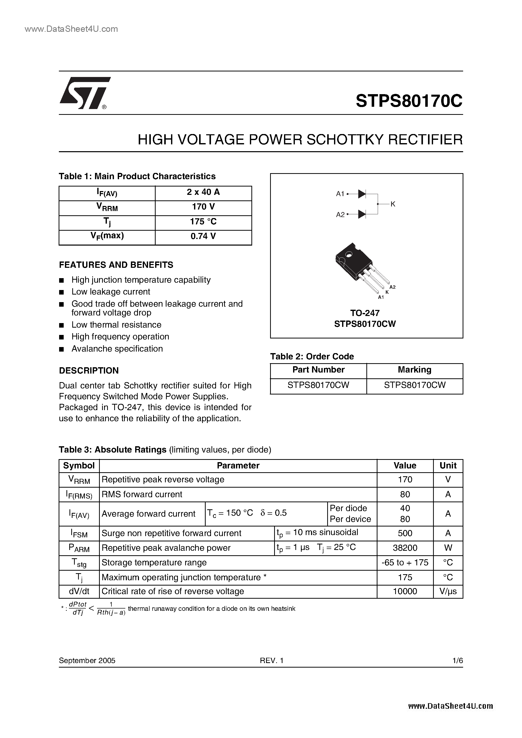 Datasheet STPS80170C - High Voltage Power Schottky Rectifier page 1