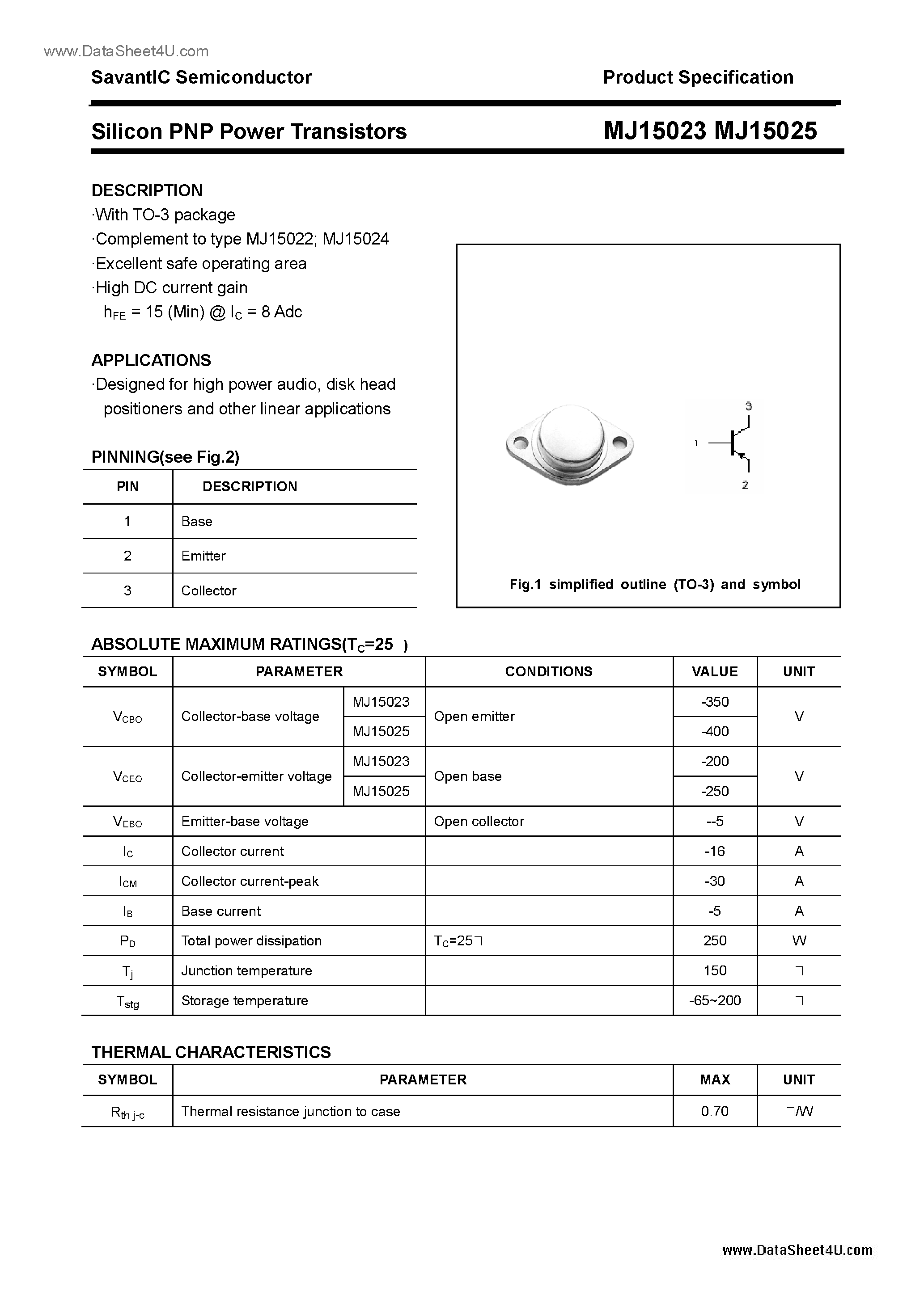 Даташит на микросхему MJ15023 страница 1 Даташит MJ15023 - (MJ15023 / MJ15025) Silicon PNP Power Transistors страница 1