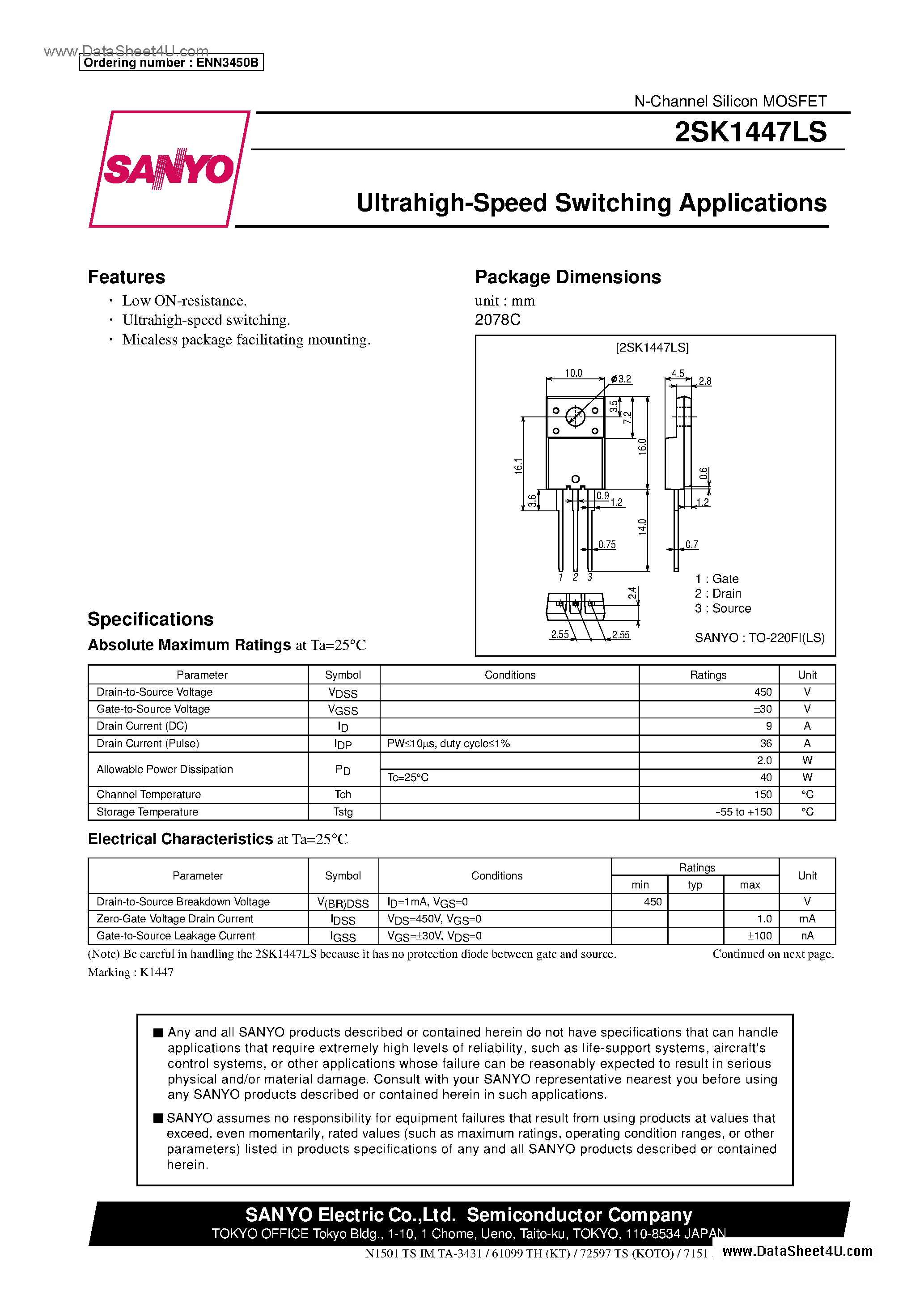 Даташит 2SK1447LS - Ultrahigh-Speed Switching Applications страница 1