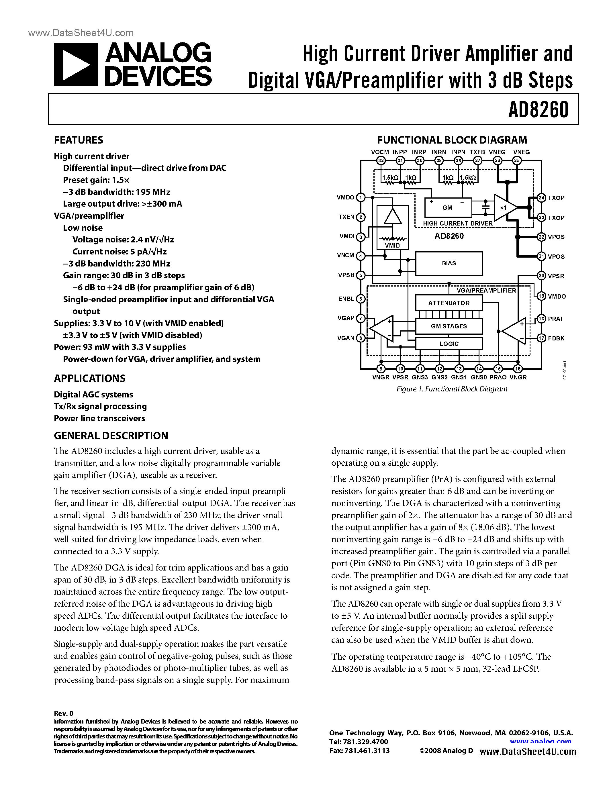 Datasheet AD8260 - High Current Driver Amplifier and Digital VGA/Preamplifier page 1