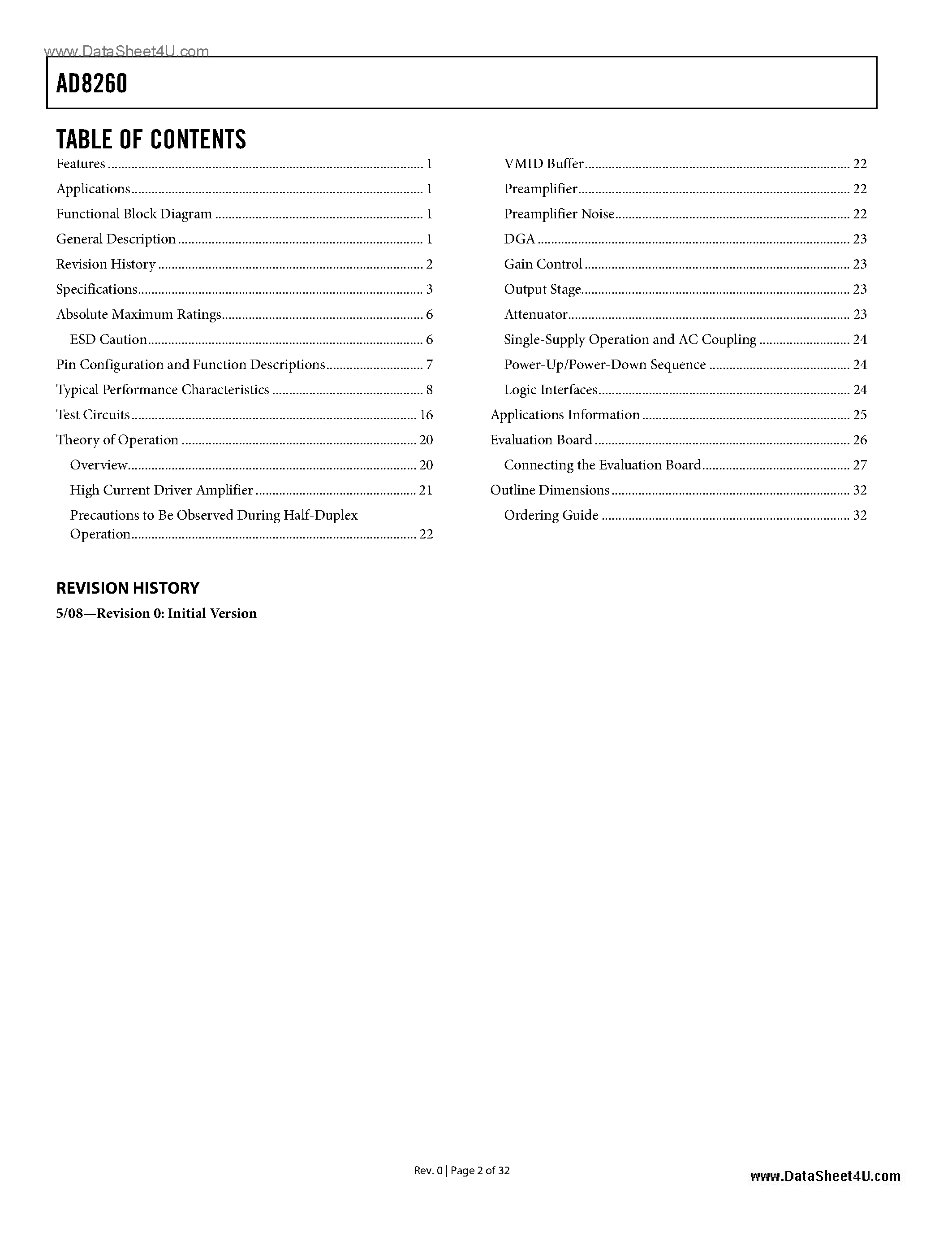 Datasheet AD8260 - High Current Driver Amplifier and Digital VGA/Preamplifier page 2