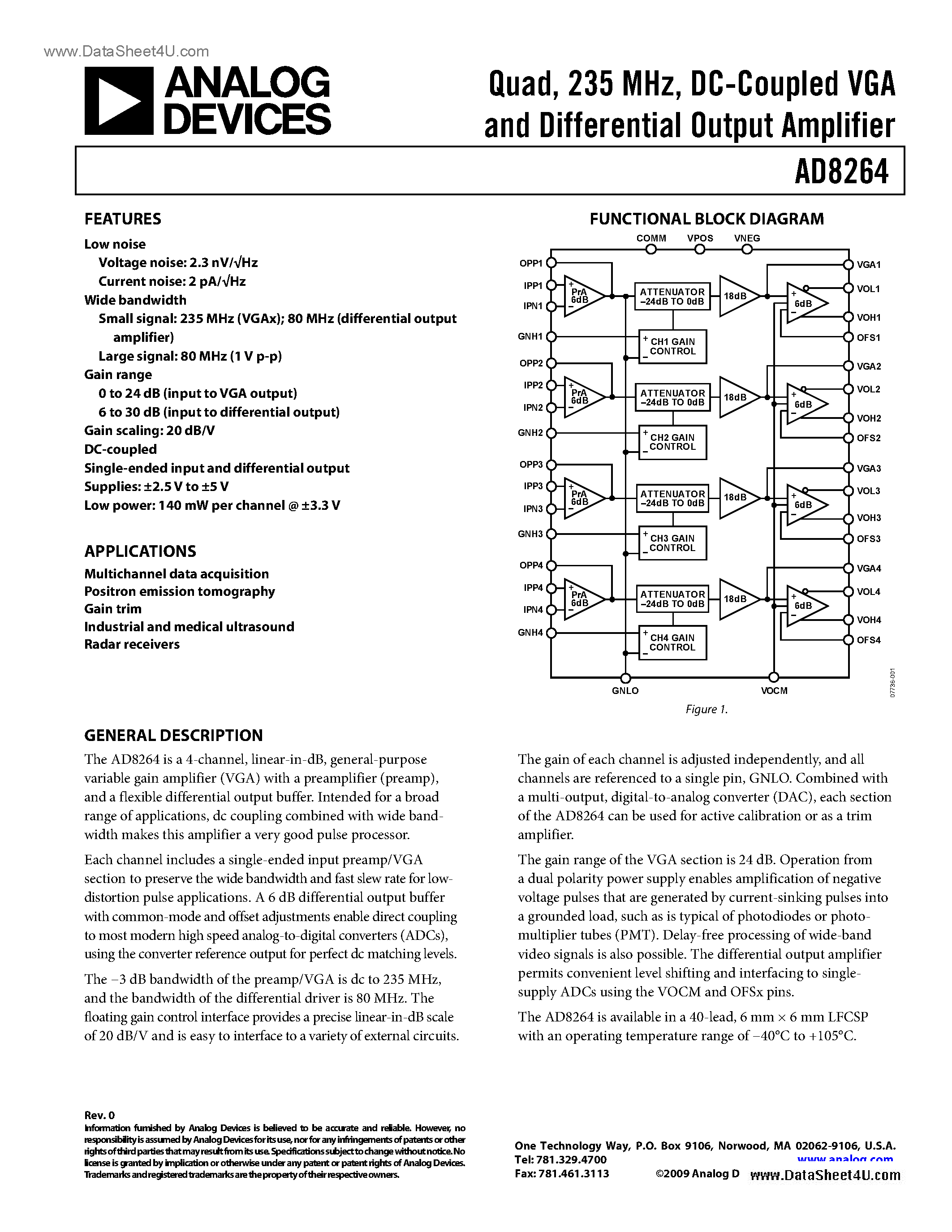 Datasheet AD8264 - DC Coupled VGA And Differential Output Amplifier page 1